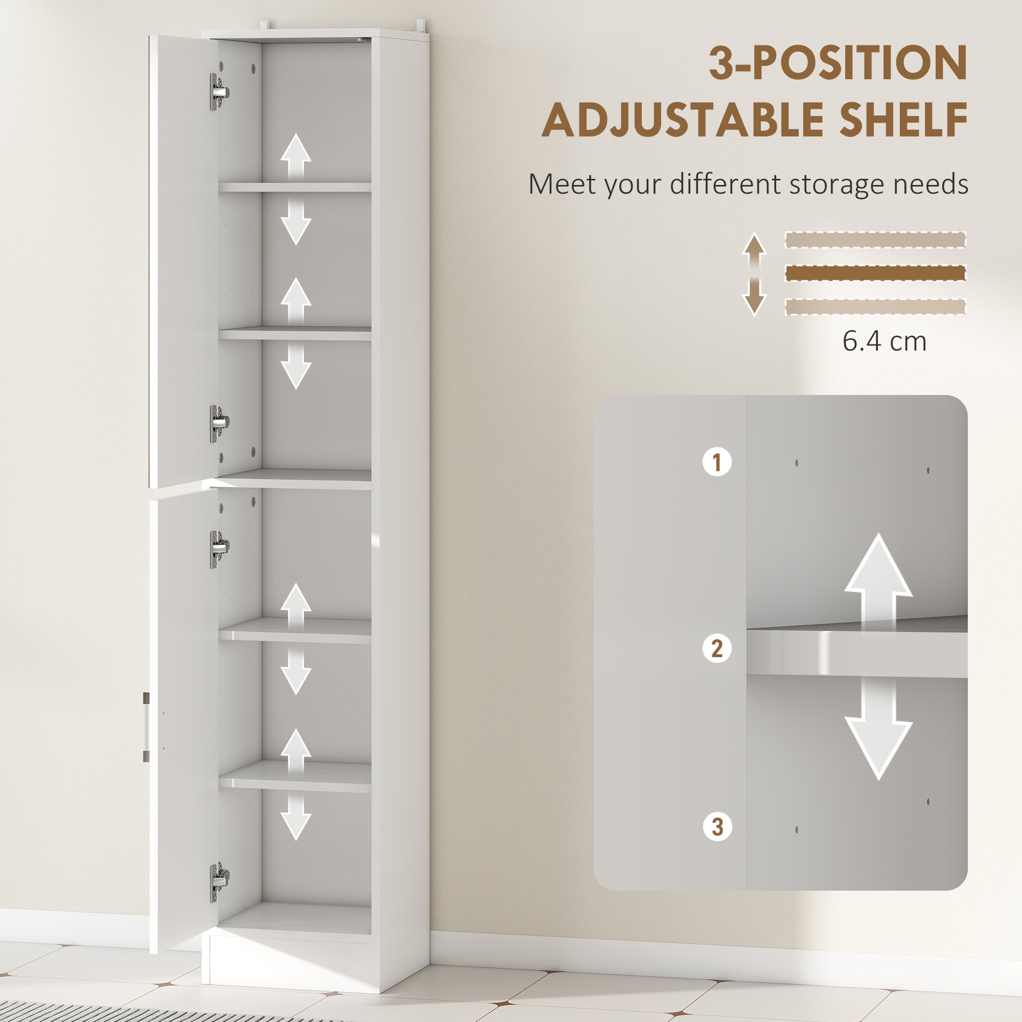 kleankin Tall Mirrored Bathroom Cabinet, Bathroom Storage Cupboard, Floor Standing Tallboy Unit with Adjustable Shelf, White