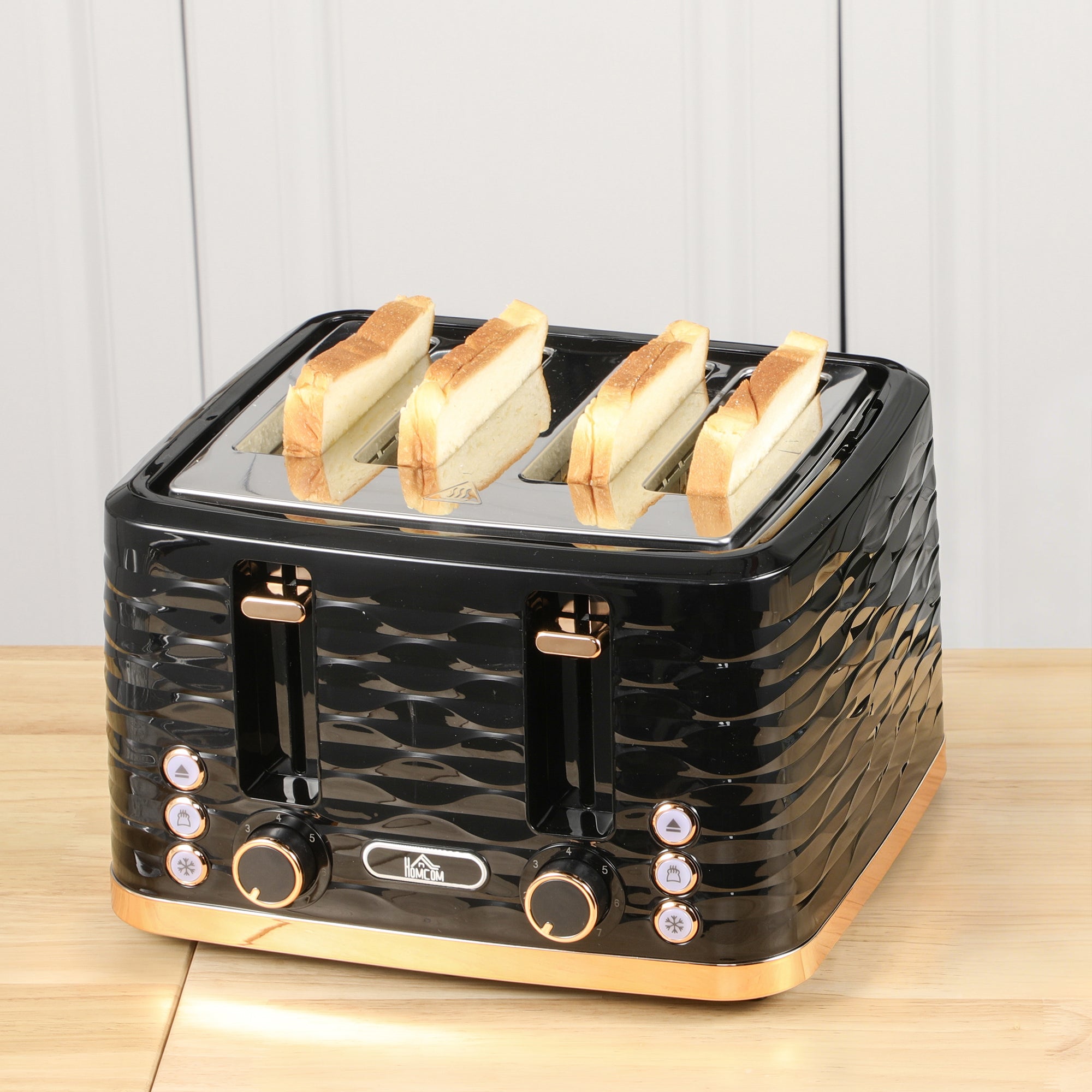 HOMCOM 4 Slice Toaster with 7 Browning Levels, High Lift, Reheat/Defrost/Cancel, Self-centring Function, Removable Crumb Tray, Auto Off, 1600W, Black Water Ripple Texture