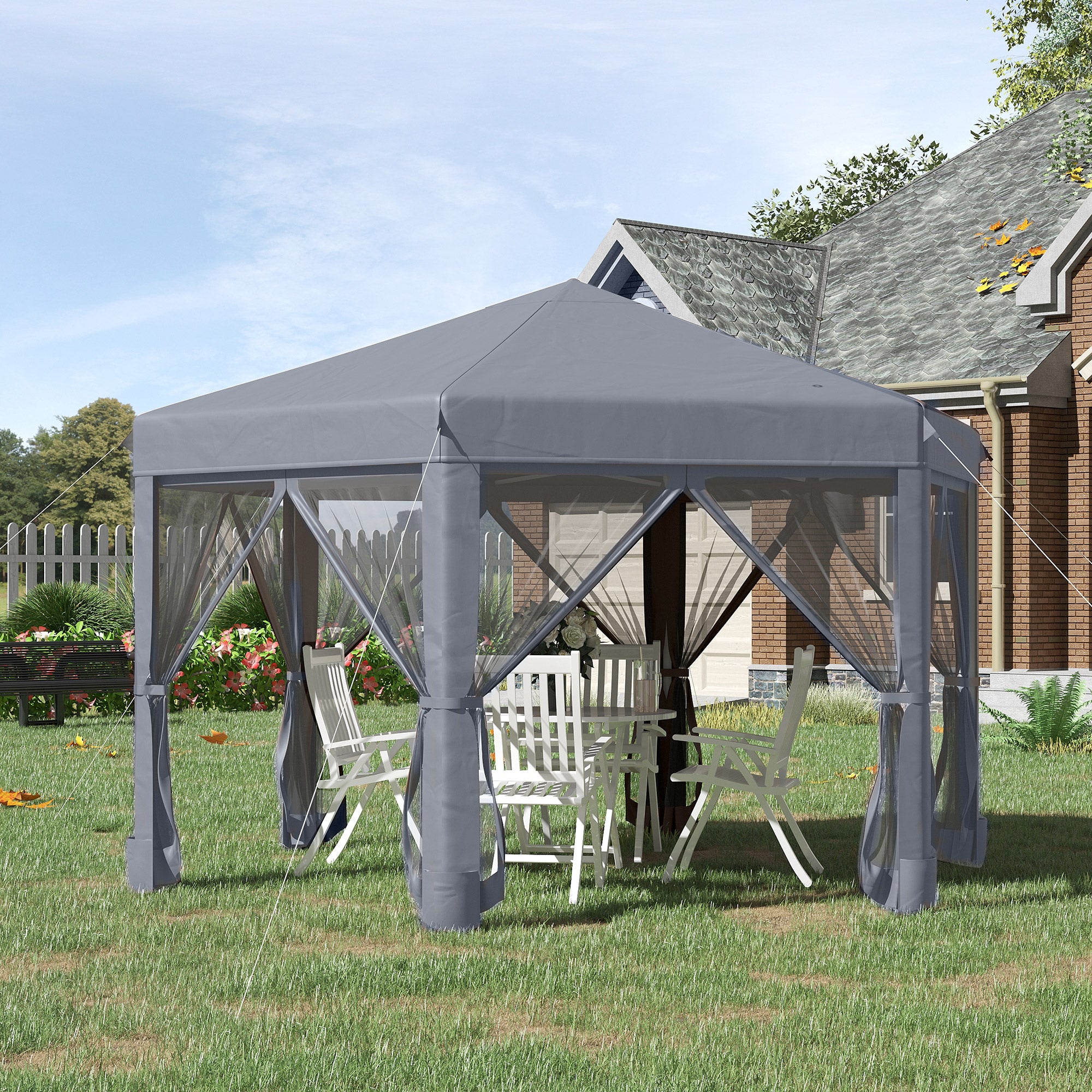 Outsunny 3.2m Pop Up Gazebo Hexagonal Canopy Tent Outdoor Sun Protection with Mesh Sidewalls, Handy Bag, Grey - North Peak Garden Furniture