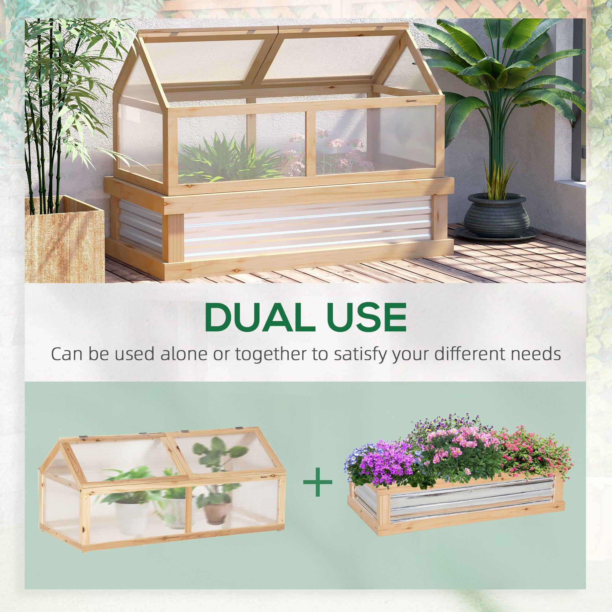 Outsunny Raised Garden Bed with Greenhouse Top, Garden Wooden Cold Frame Greenhouse Flower Planter Protection with 2 Independent Roofs, 122x 61 x 82cm, Natural - North Peak Garden Furniture