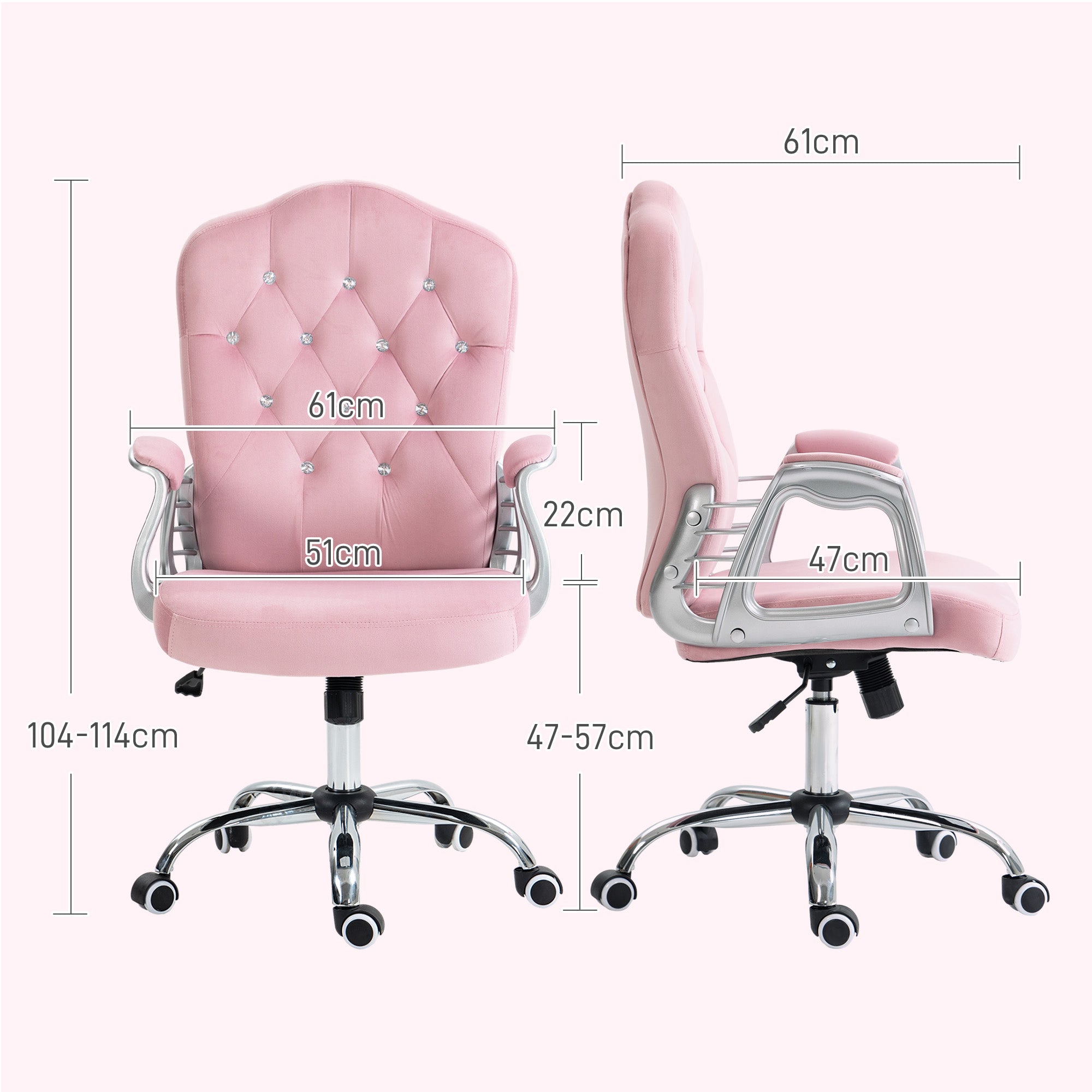 Vinsetto Velvet-Feel Work Chair, with Diamante Back - Pink - North Peak Garden Furniture
