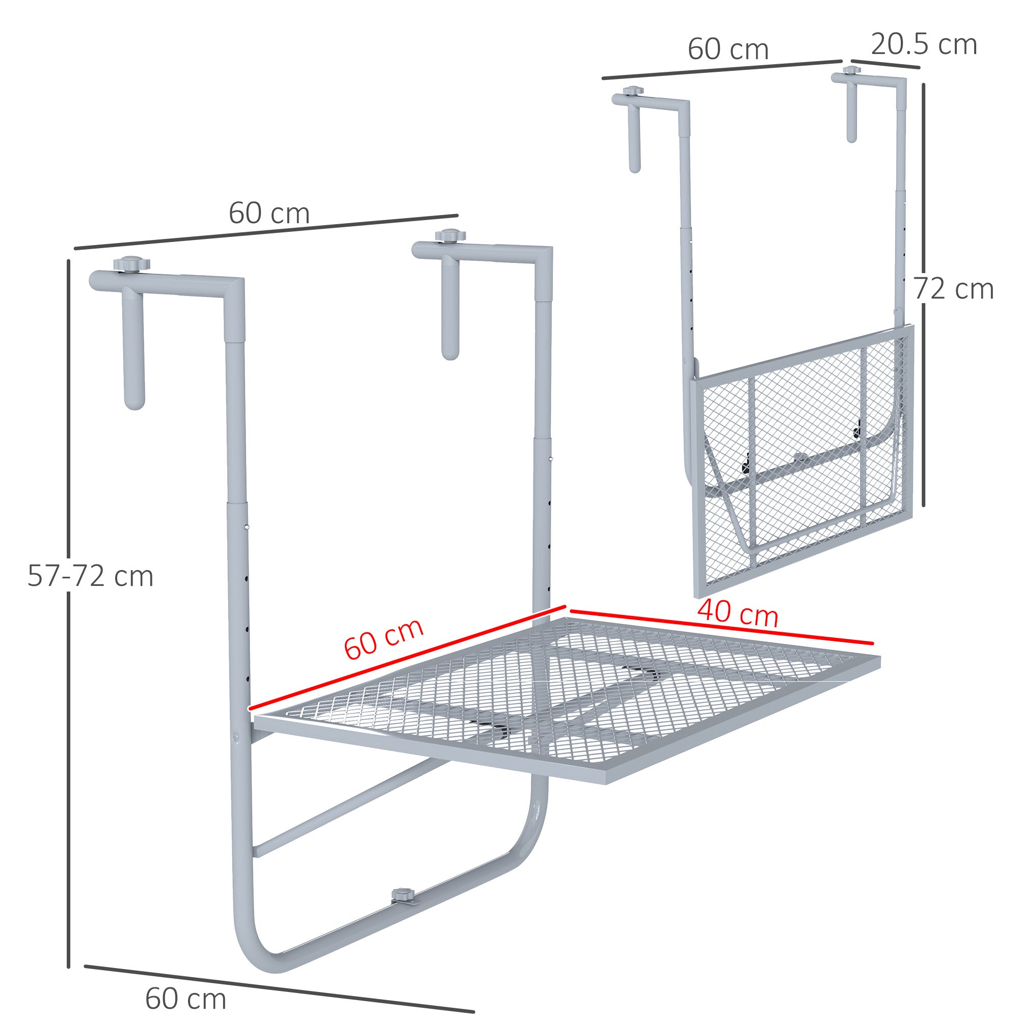 Outsunny Balcony Hanging Table, Metal Wall Mount Desk, Adjustable Folding Balcony Deck Table for Patio and Garden, Grey - North Peak Garden Furniture