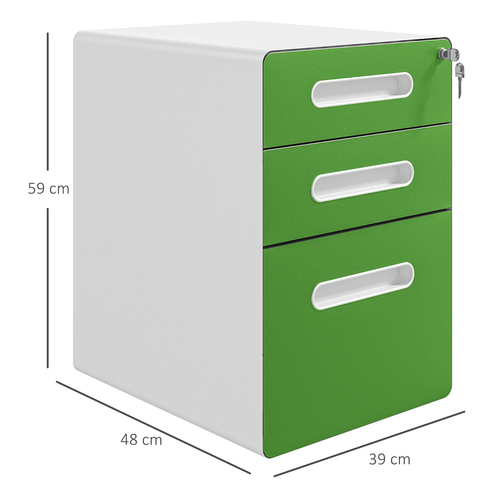 Vinsetto 3 Drawer Filing Cabinet, Steel Lockable File Cabinet with Lock and Wheels, for A4, Letter, Legal Sized Files, Green - North Peak Garden Furniture