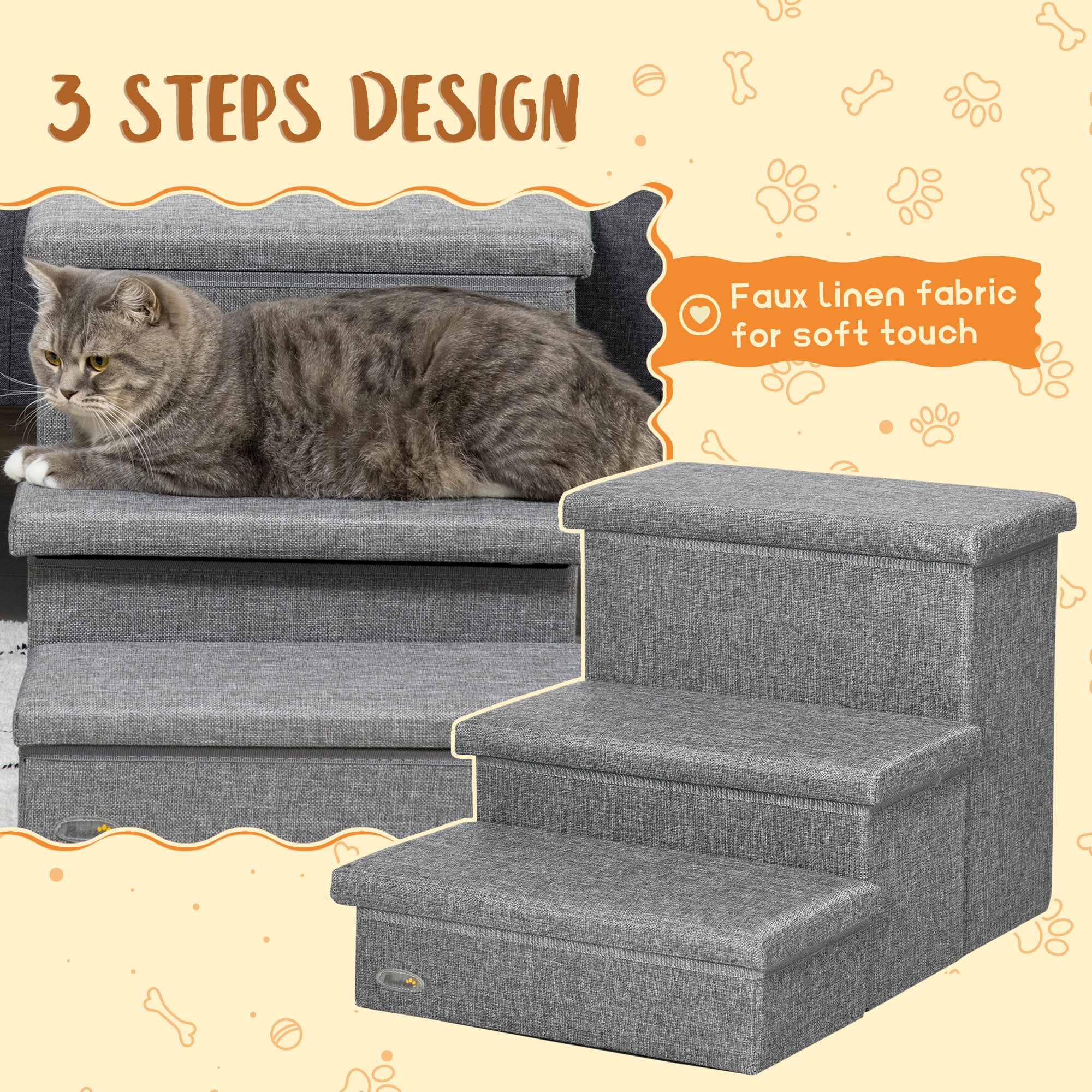 PawHut 3 Steps Pet Stairs, with Storage Boxes, for Bed, Couches - Grey