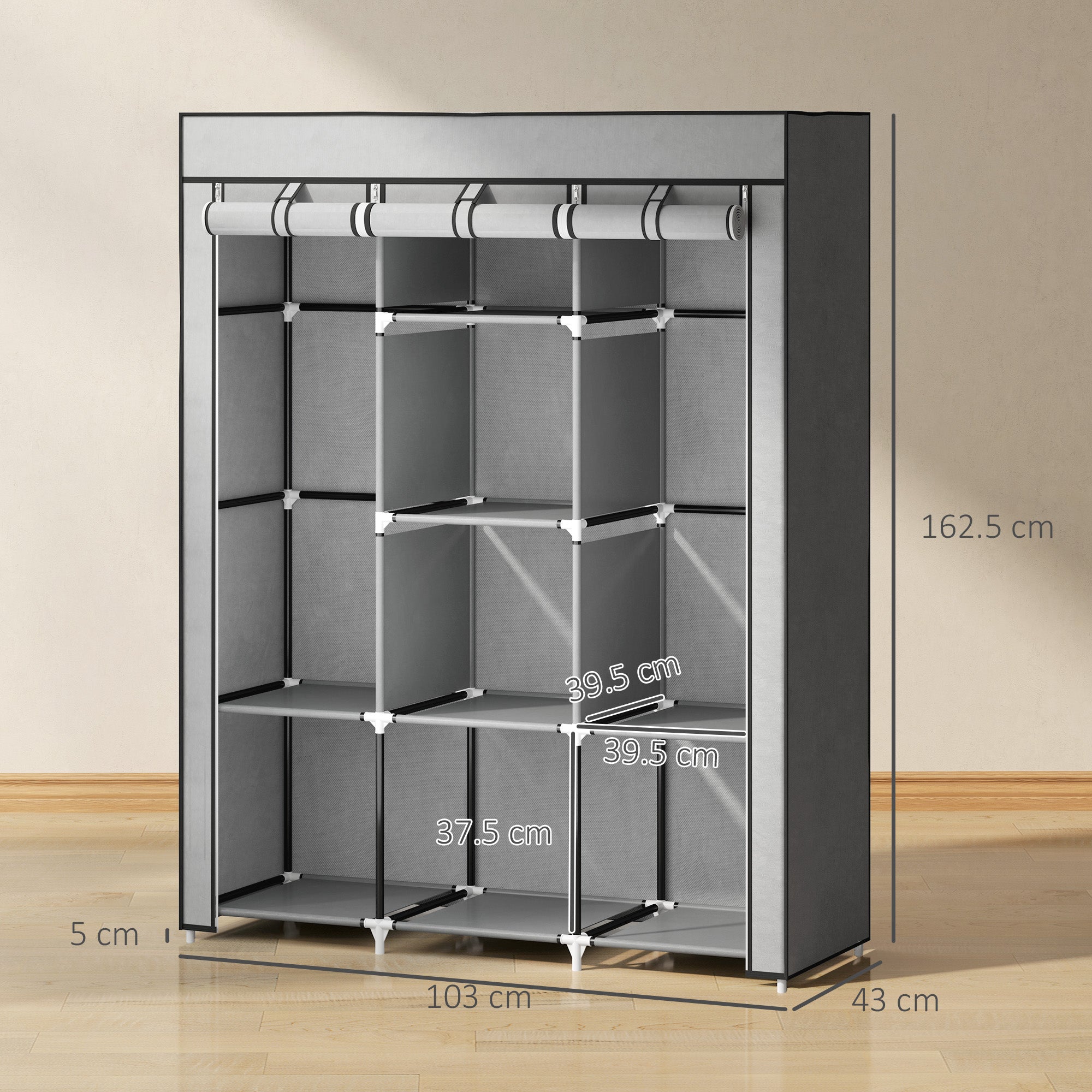 HOMCOM Fabric Wardrobe, Portable Wardrobe, Clothes Storage Unit with 8 Shelves, 2 Hanging Rods, 125 x 43 x 162.5 cm, Light Grey - North Peak Garden Furniture