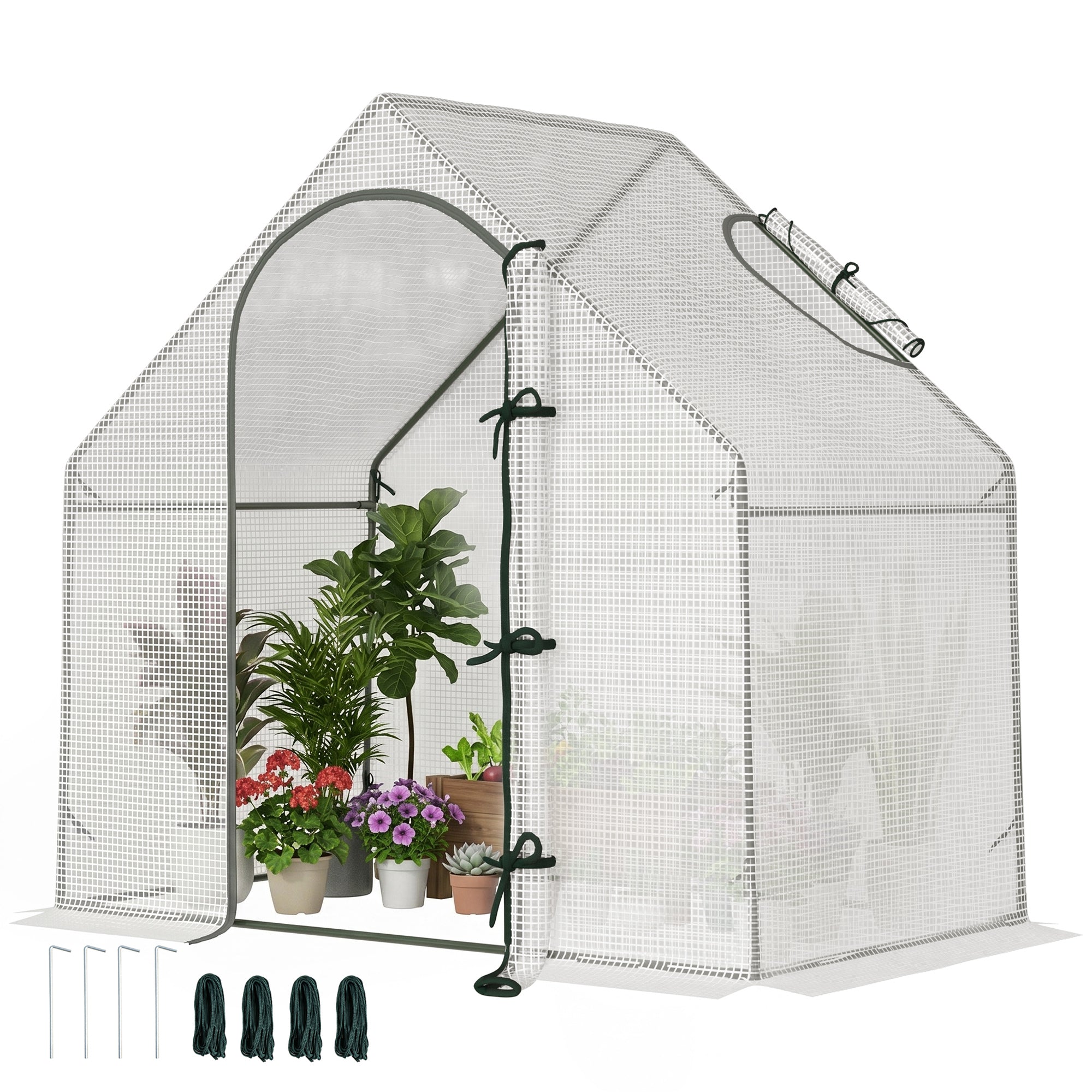 Outsunny Walk-In Greenhouse with Window Roll-Up Door, Portable Garden Grow House with Steel Frame for Vegetable Plant Herb, 180 x 100 x 168cm, White