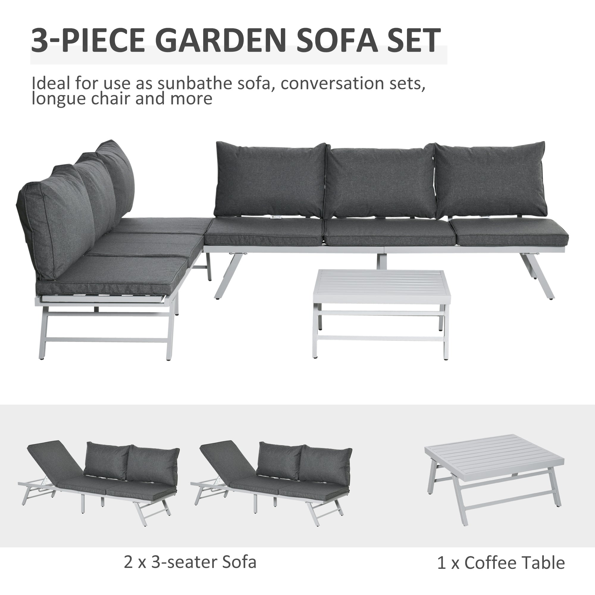 Outsunny 3 Pieces Garden Furniture Sets, 6 Seater Corner Sofa Set with Adjustable Backrest Chase Lounge with Slatted Metal Top Table, Padded Cushion, Grey - North Peak Garden Furniture
