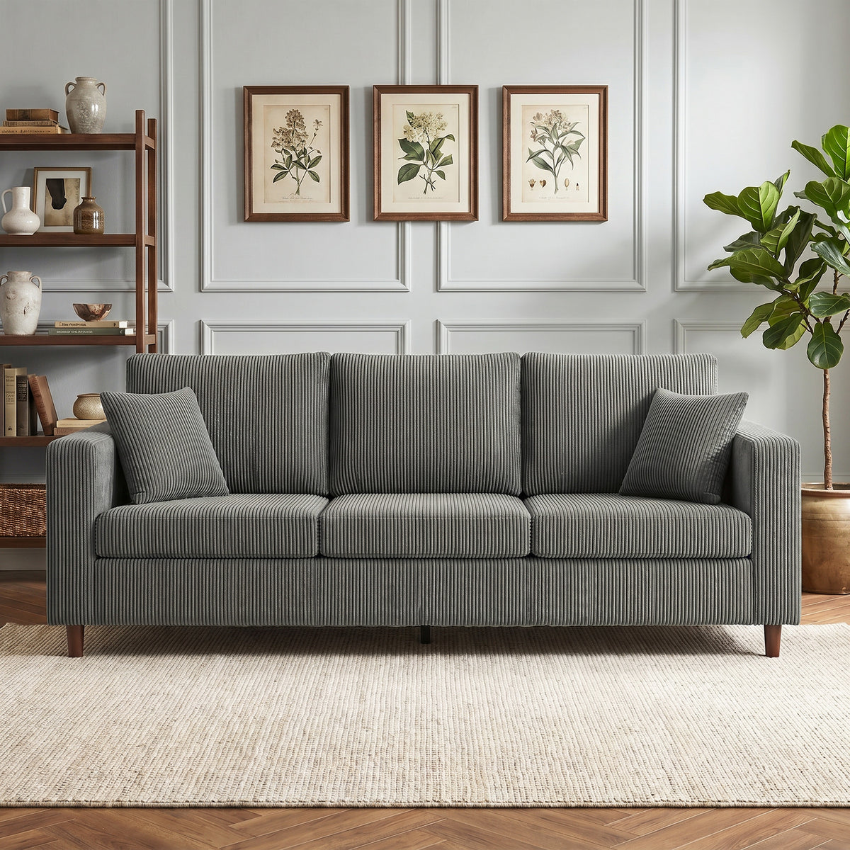 HOMCOM 3 Seater Sofa with Wide Seat, Corduroy Fabric Couch with Deep Seat, Spring Cushion, Light Grey