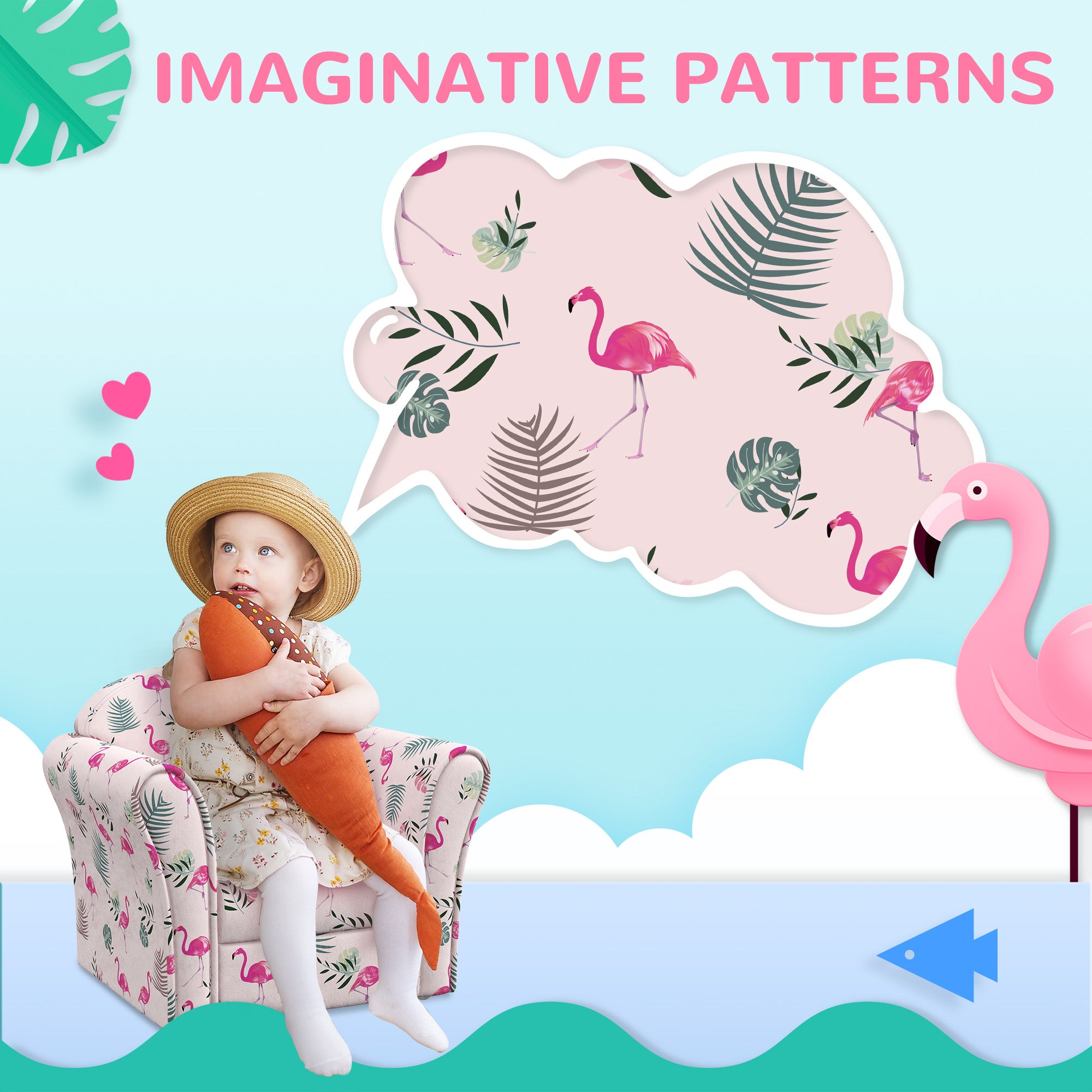 AIYAPLAY Kids Armchair with Flamingo Design, Wooden Frame, for Bedroom, Playroom, Kids Room, Pink