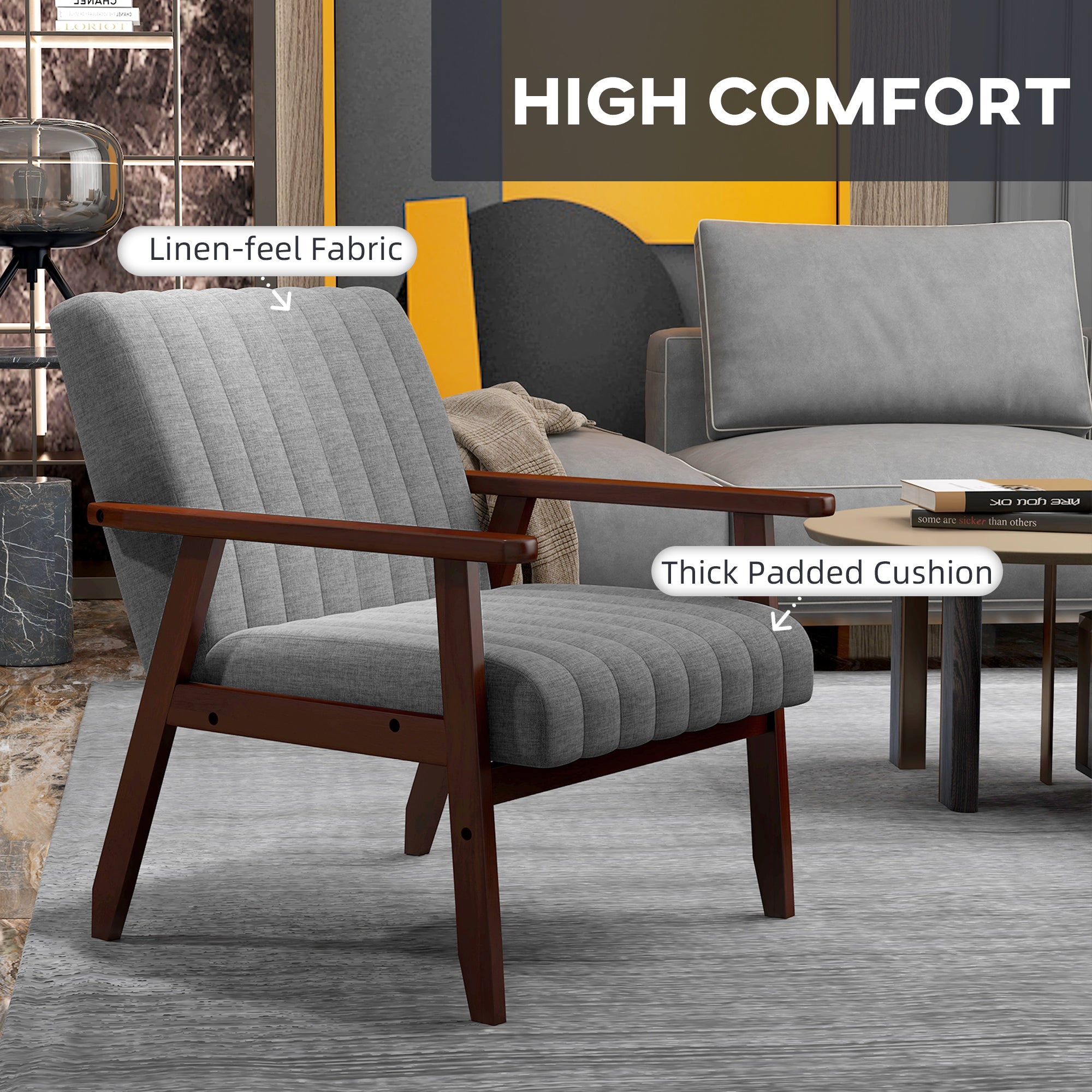 HOMCOM Mid Century Accent Chair, with Wooden Legs - Grey - North Peak Garden Furniture