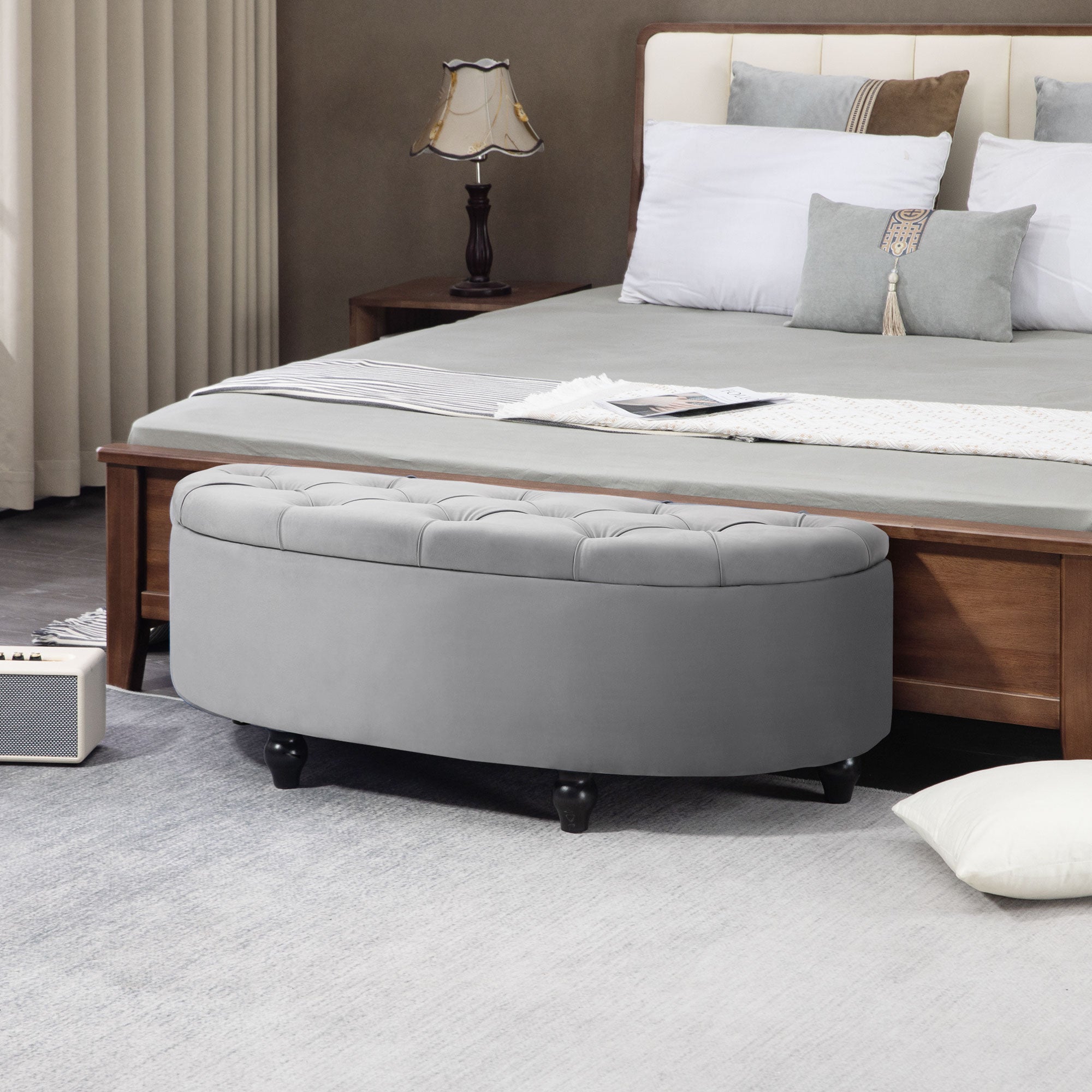 HOMCOM Semi-Circle Bed End Bench Ottoman with Storage Tufted Upholstered Accent Seat Footrest Stool with Rubberwood Legs for Bedroom & Entryway, Light Grey - North Peak Garden Furniture