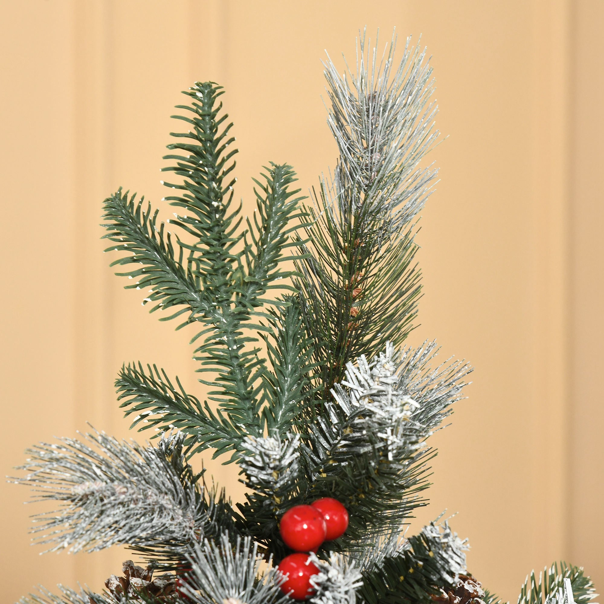 HOMCOM 5FT Artificial Snow Dipped Christmas Tree Xmas Pencil Tree Holiday Home Party Decoration with Foldable Feet Red Berries White Pinecones, Green - North Peak Garden Furniture