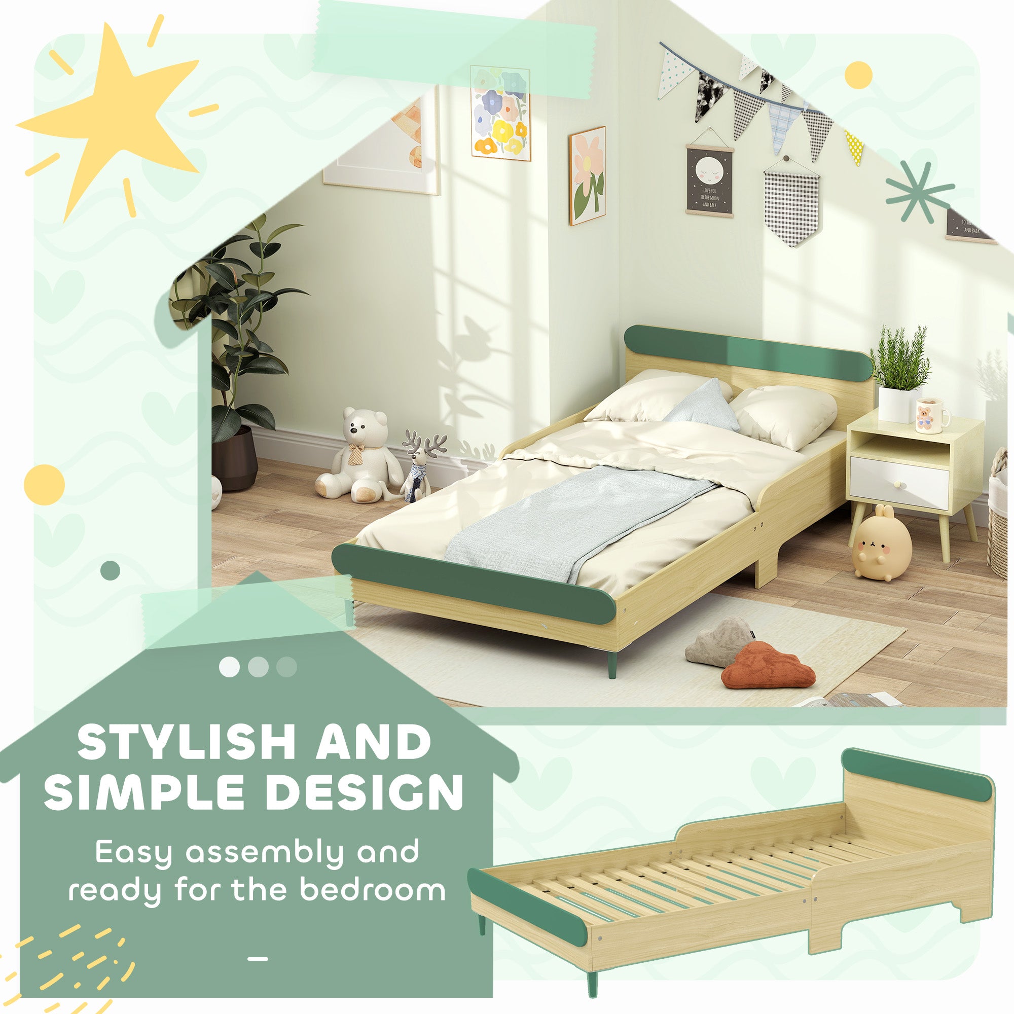AIYAPLAY Toddler Bed with Safety Rail for Ages 3-10 Years, 195 x 103 x 60.5cm, Green - North Peak Garden Furniture