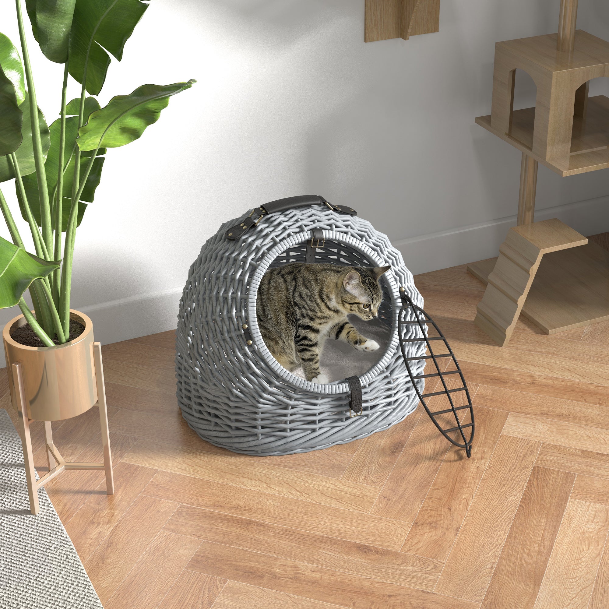 PawHut Wicker Pet Carrier Basket Cat Kitten Bed Portable Travel Cage w/ Soft Cushion Handle Grey 50 x 40 x 40 cm - North Peak Garden Furniture