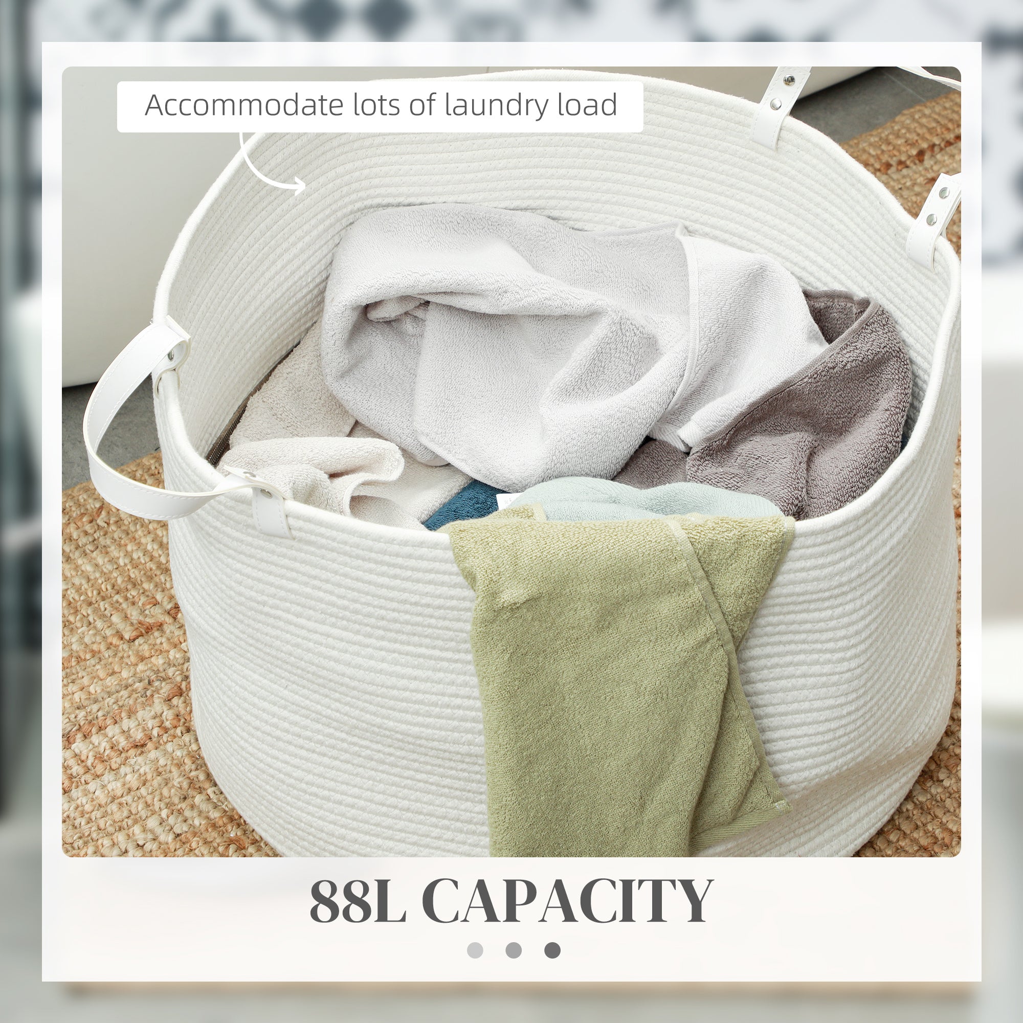 HOMCOM 88L Cotton Rope Laundry Basket, with Handles - Cream White - North Peak Garden Furniture