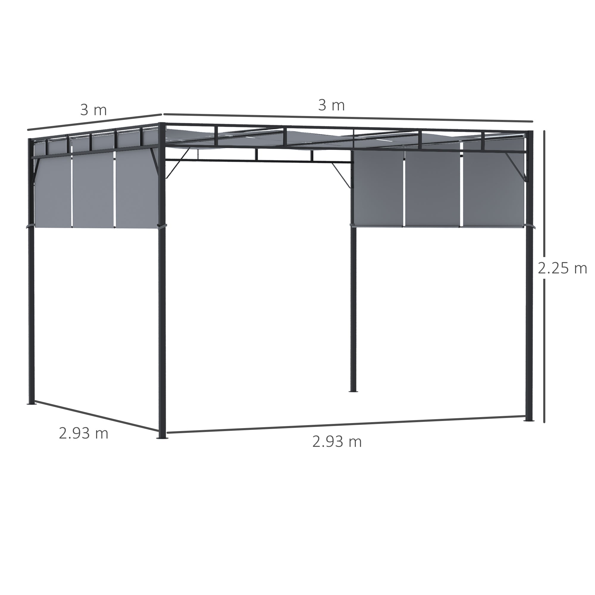 Outsunny 3 x 3(m) Steel Pergola Gazebo with Retractable Roof, Garden Gazebo Canopy Sun Shade Shelter for Outdoor, Deck, Patio, Dark Grey - North Peak Garden Furniture