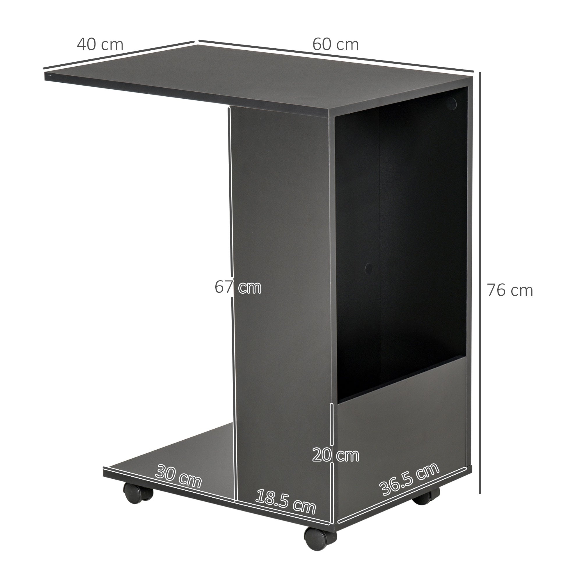 HOMCOM Mobile Sofa Side Table C-Shape End Table with Storage and Casters for Laptop Coffee Snack, Black - North Peak Garden Furniture