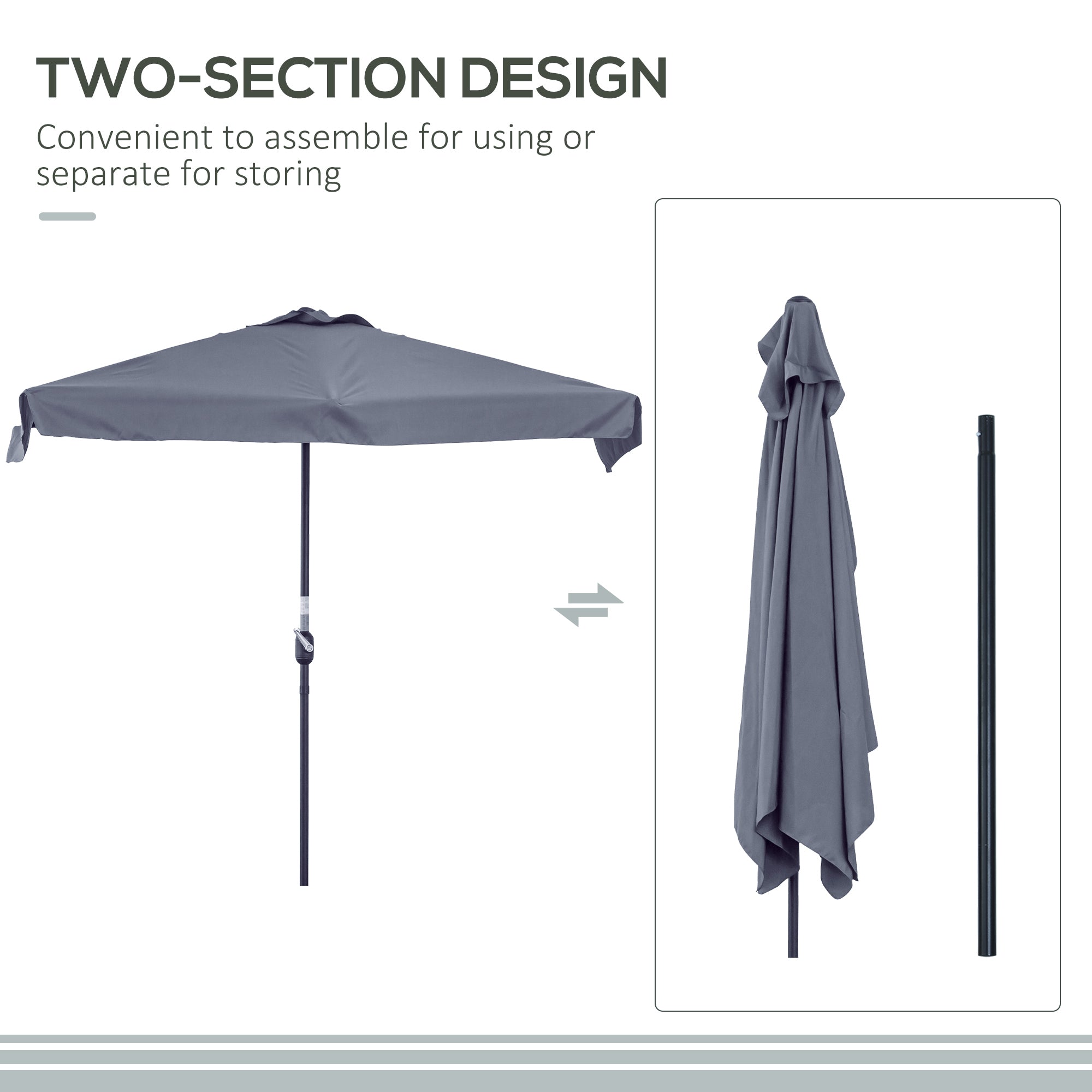 Outsunny 2.3m Half Parasol Semi Round Umbrella Patio Metal Frame Crank Handle for Balcony-- NO BASE INCLUDED, Grey - North Peak Garden Furniture