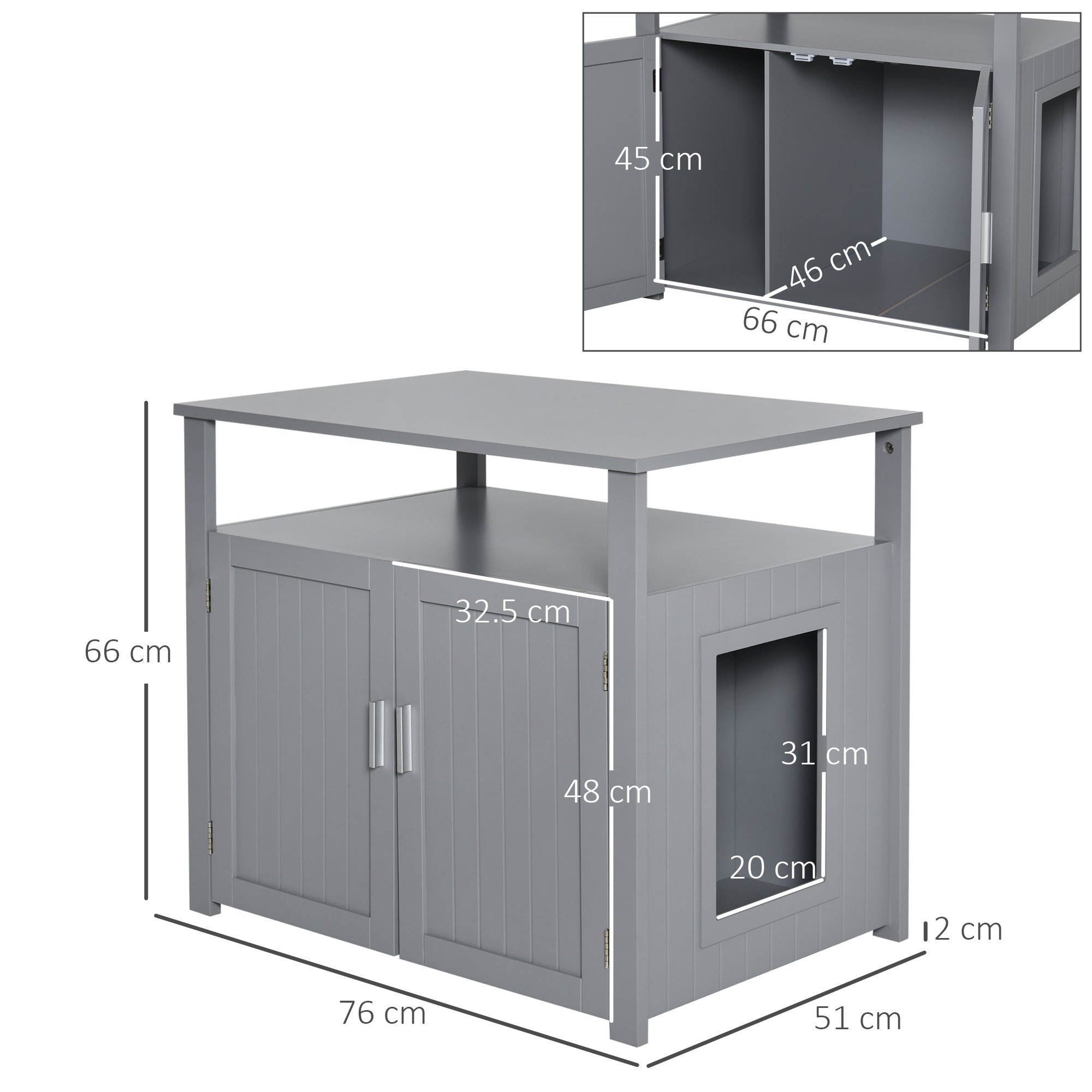 PawHut Wooden Cat Litter Box Enclosure Furniture with Adjustable Interior Wall & Large Tabletop for Nightstand, Grey - North Peak Garden Furniture