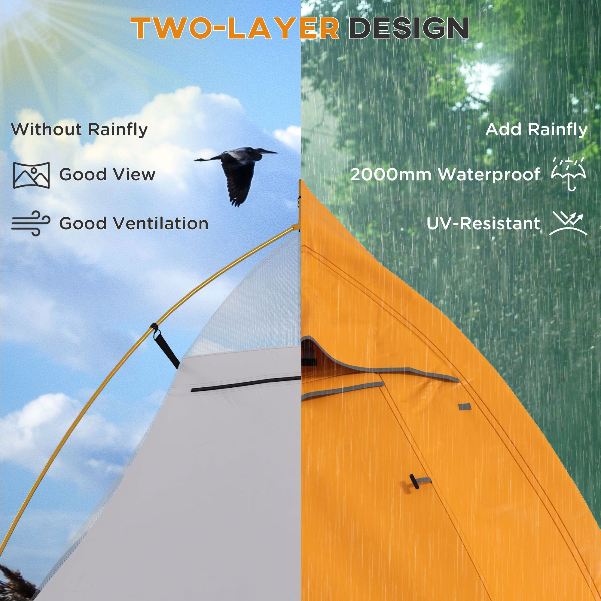 Outsunny Double Layer Camping Tent, 1-2 Man Backpacking Tent with Carry Bag, 2000mm Waterproof and Lightweight, Orange - North Peak Garden Furniture