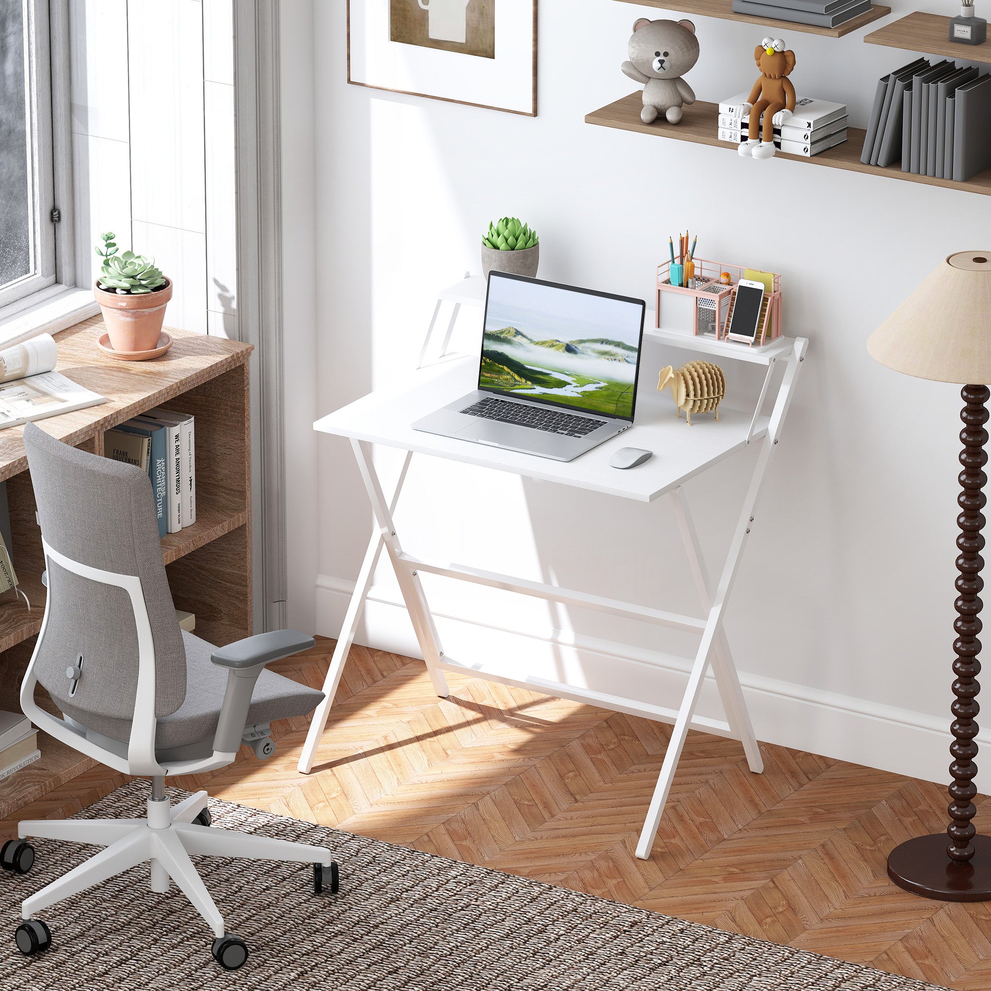HOMCOM 81.5 cm Folding Computer Desk with Monitor Shelf - White