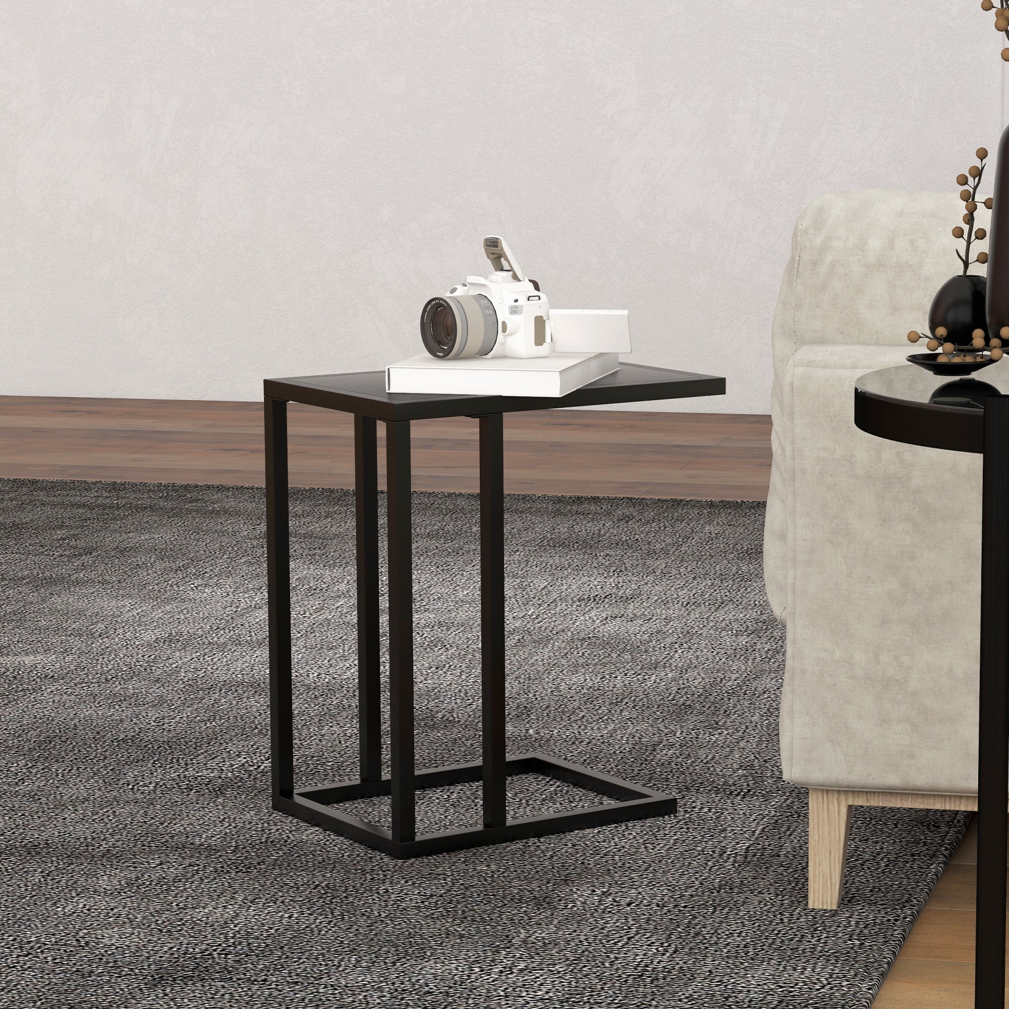 HOMCOM C Shape Bedside Table w/Metal Frame Wood-Effect Top Sofa Narrow Snack End Table for Living Room, Black - North Peak Garden Furniture