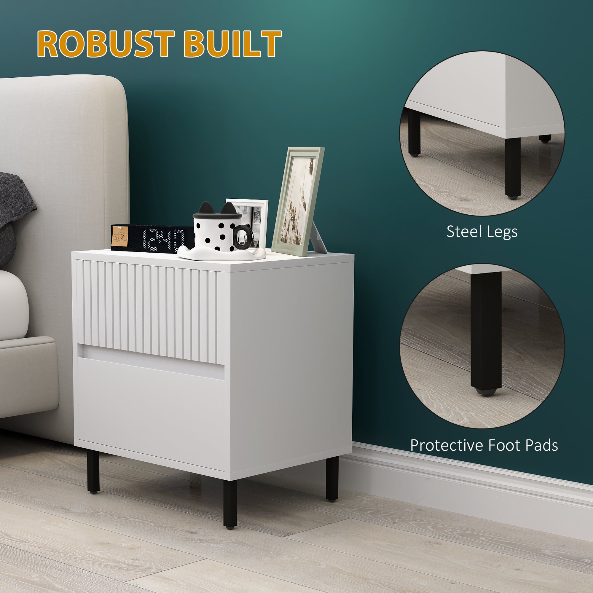HOMCOM Simple Line Indented Two-Drawer Bedside Table - White - North Peak Garden Furniture