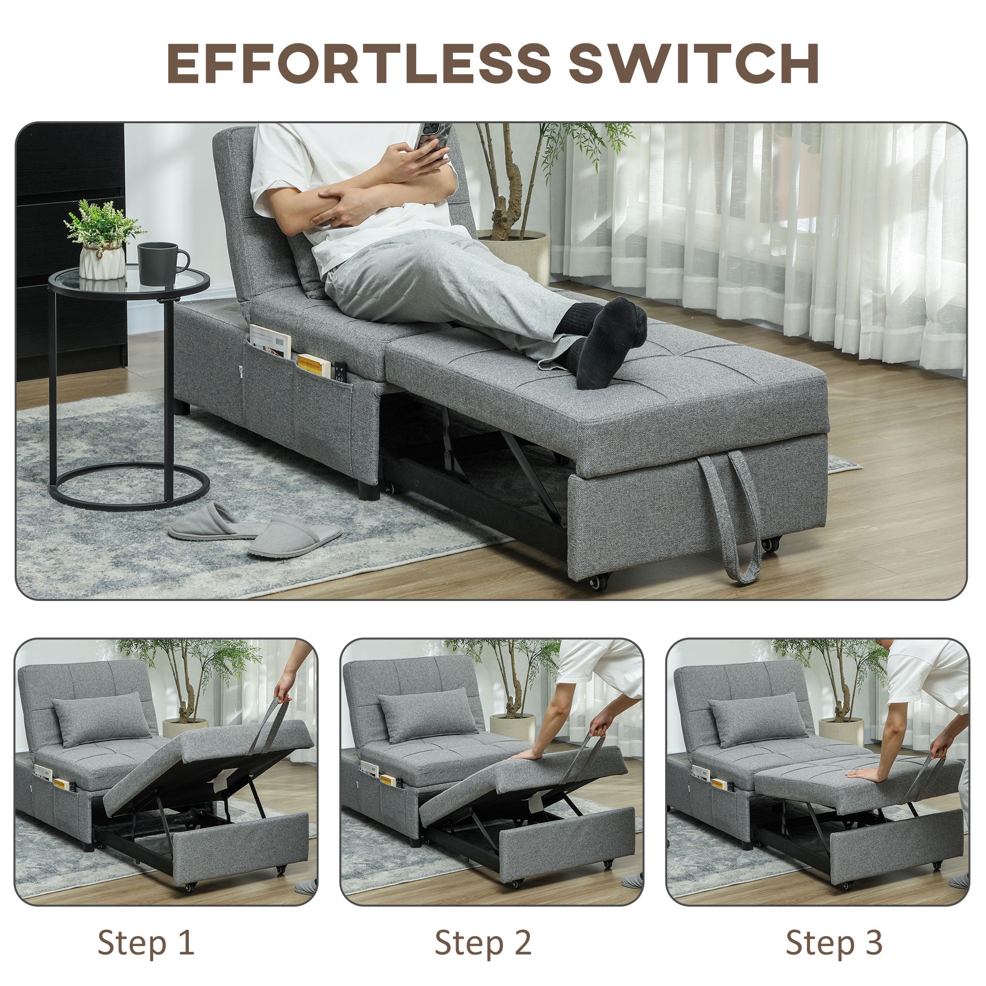 HOMCOM Four-In-One Single Sleeper Chair - Dark Grey - North Peak Garden Furniture