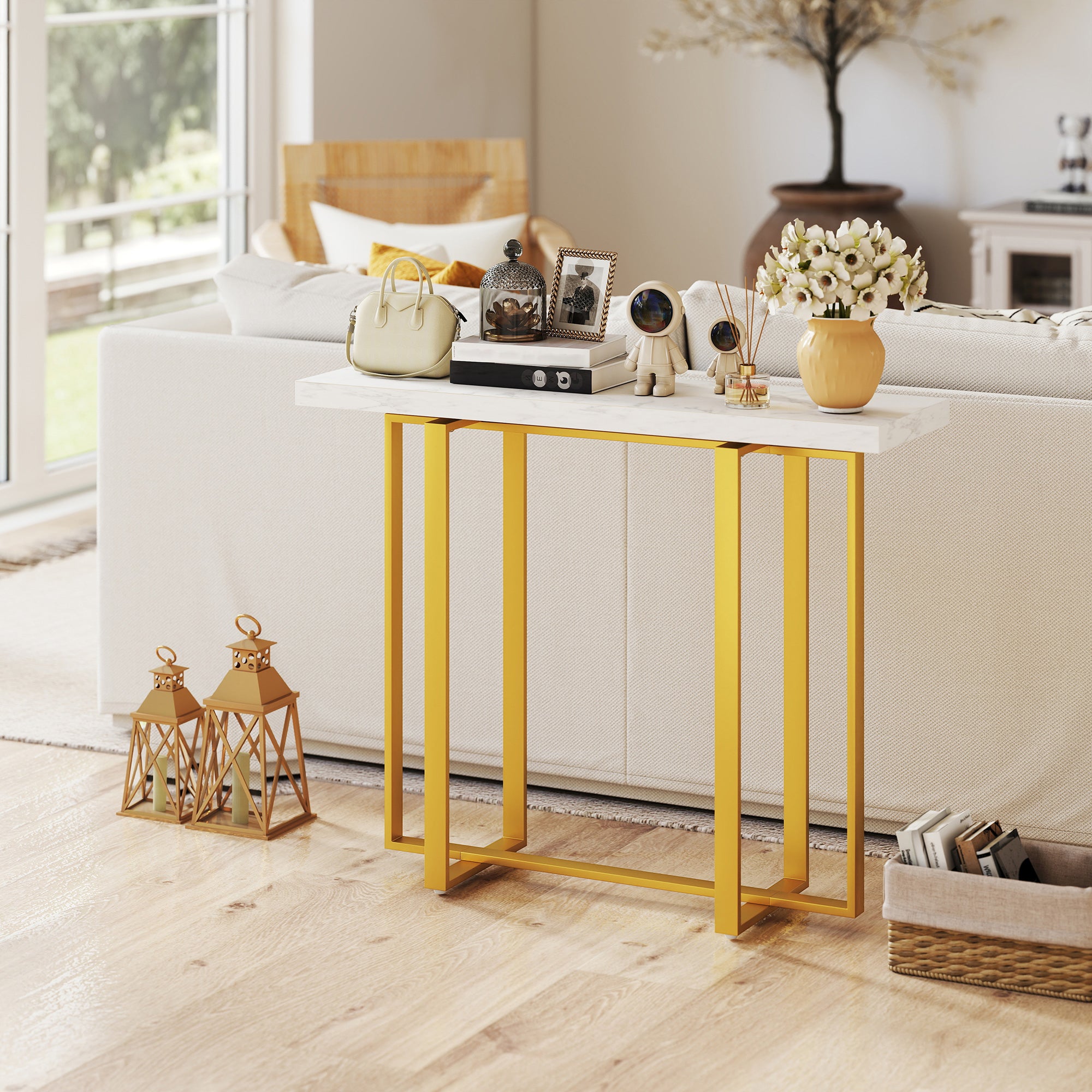 HOMCOM Console Table with Faux Marble Top, 100 cm Narrow Entryway Table with Anti-tipping Device, Steel Frame, White