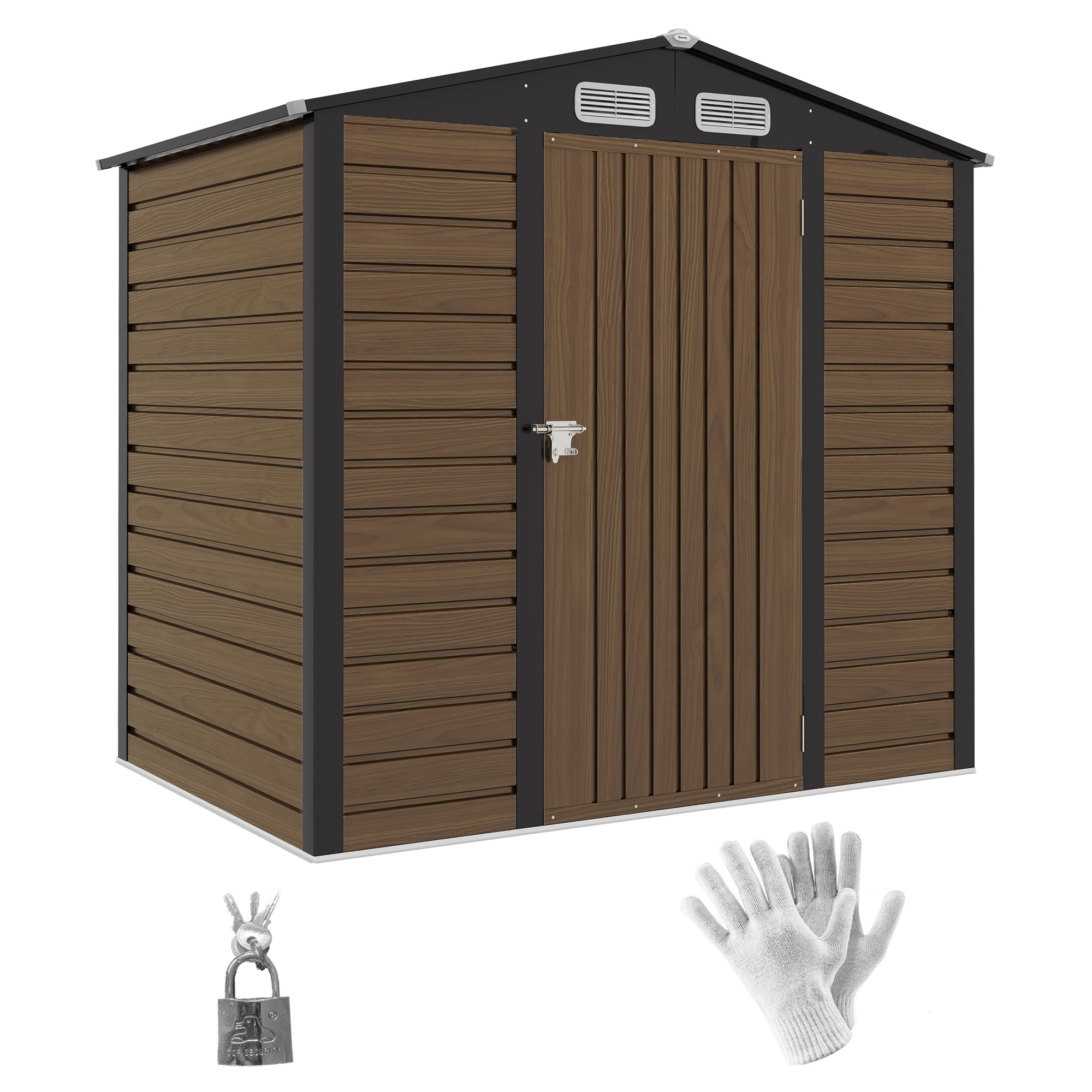 Outsunny 4 x 6ft Galvanised Steel Garden Shed, with Lock and Gloves - Oak - North Peak Garden Furniture