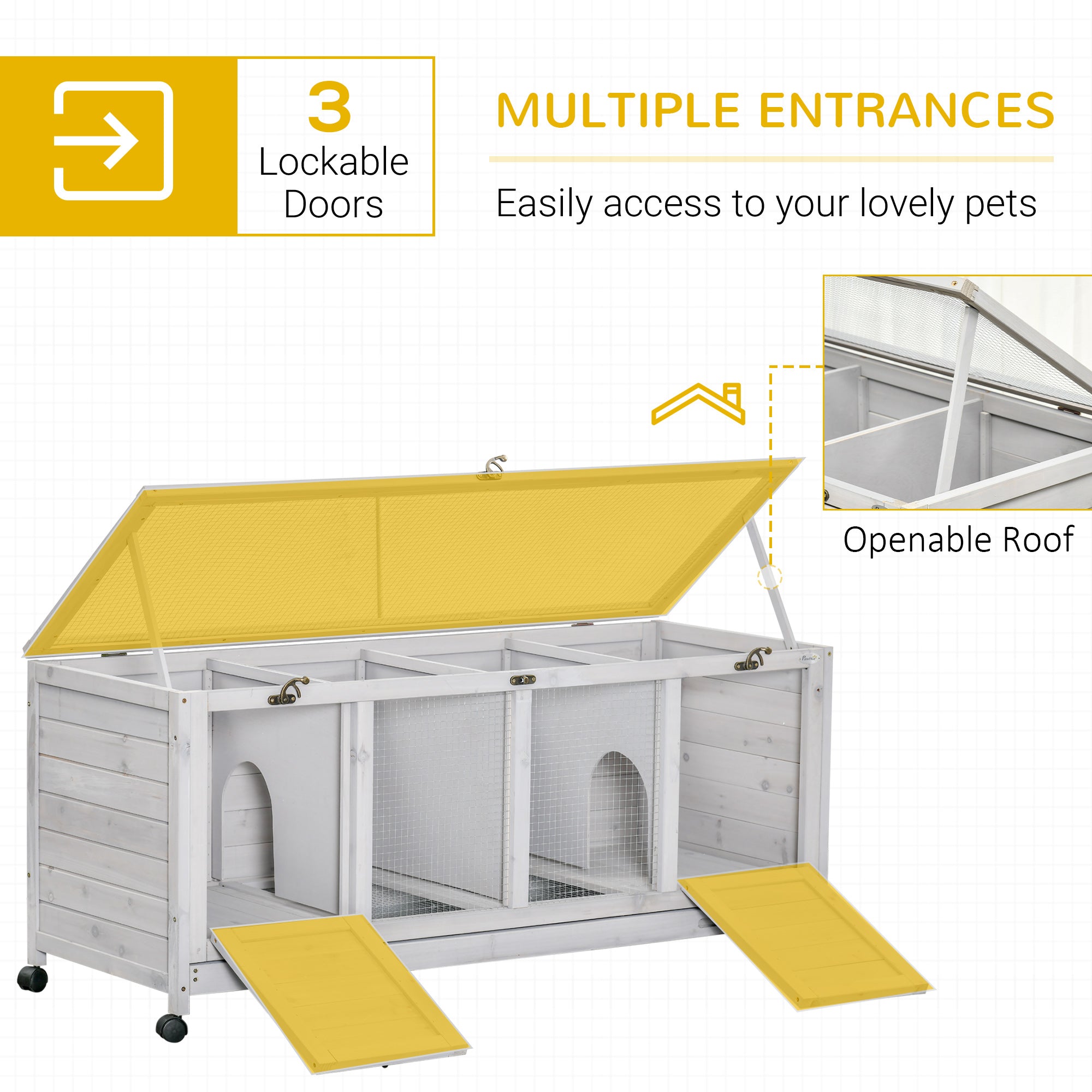 PawHut Rabbit Hutch Guinea Pig Cage, 2 in 1 Small Animal House for Indoor with Wheels 138 x 53 x 61cm, Light Grey