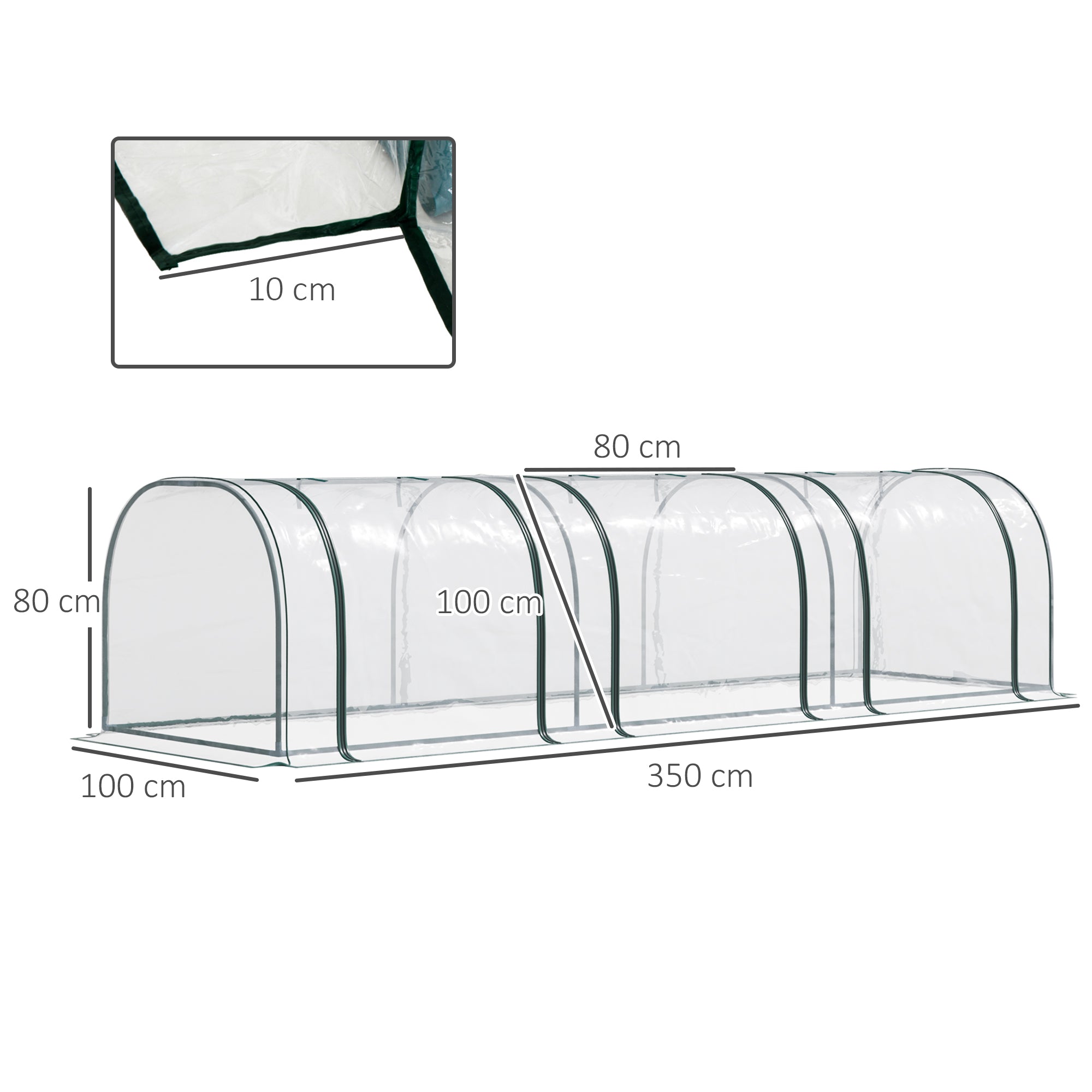 Outsunny Portable Small Greenhouse, Steel Frame with Zipper Doors,PVC Tunnel Greenhouse Plant Grow House, 350Lx100Wx80Hcm-Dark Green/Transparent