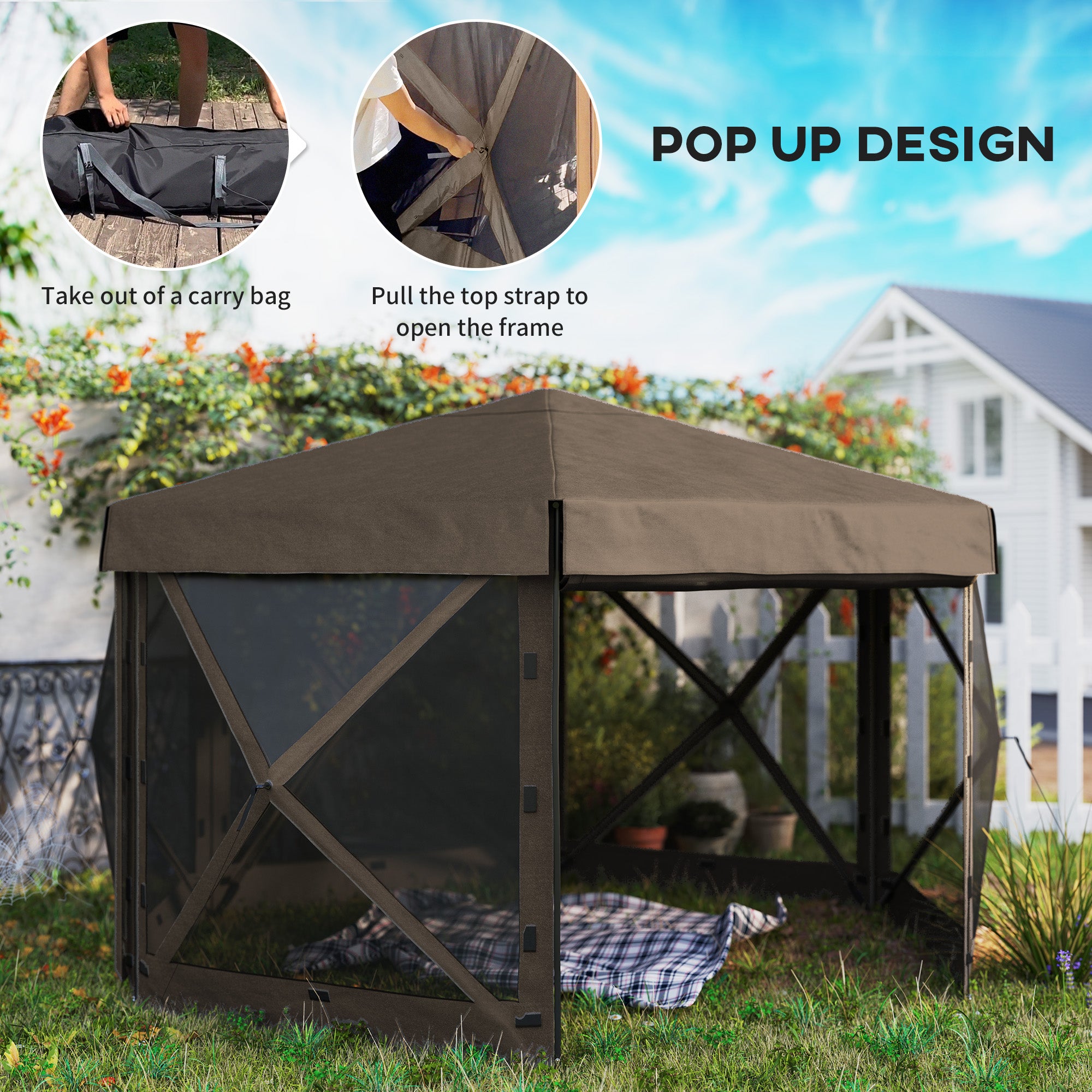 Outsunny 3 x 3(m) Hexagon Pop Up Gazebo with 5 Sides and Carry Bag, Waterproof, UV Resistant Party Tent Instant Event Shelter with Netting for Garden, Patio, Brown - North Peak Garden Furniture