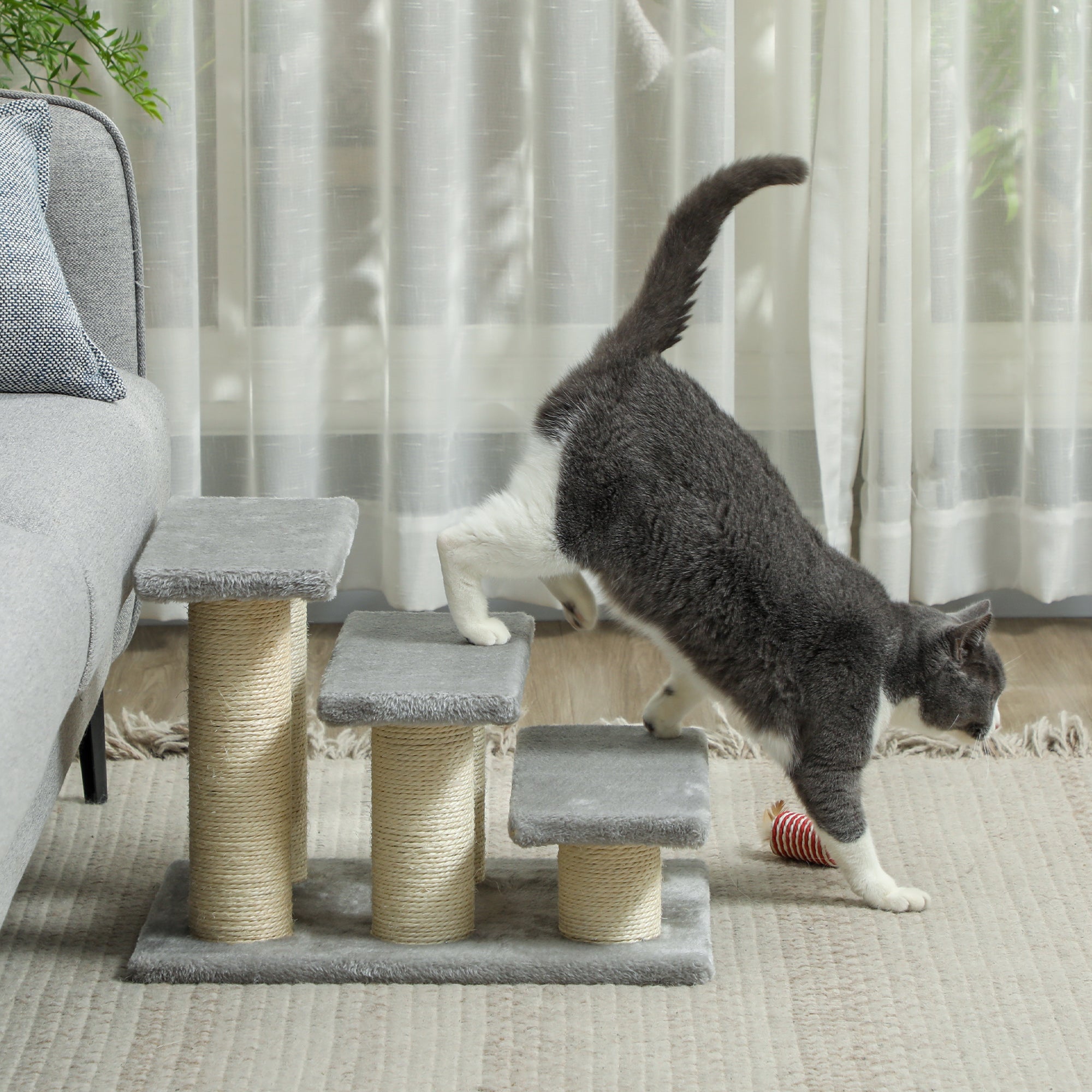 PawHut Pet Stairs 3-step Pet Ladder Cat dog Stairs Climb Ladder Cat Tree, Grey - North Peak Garden Furniture