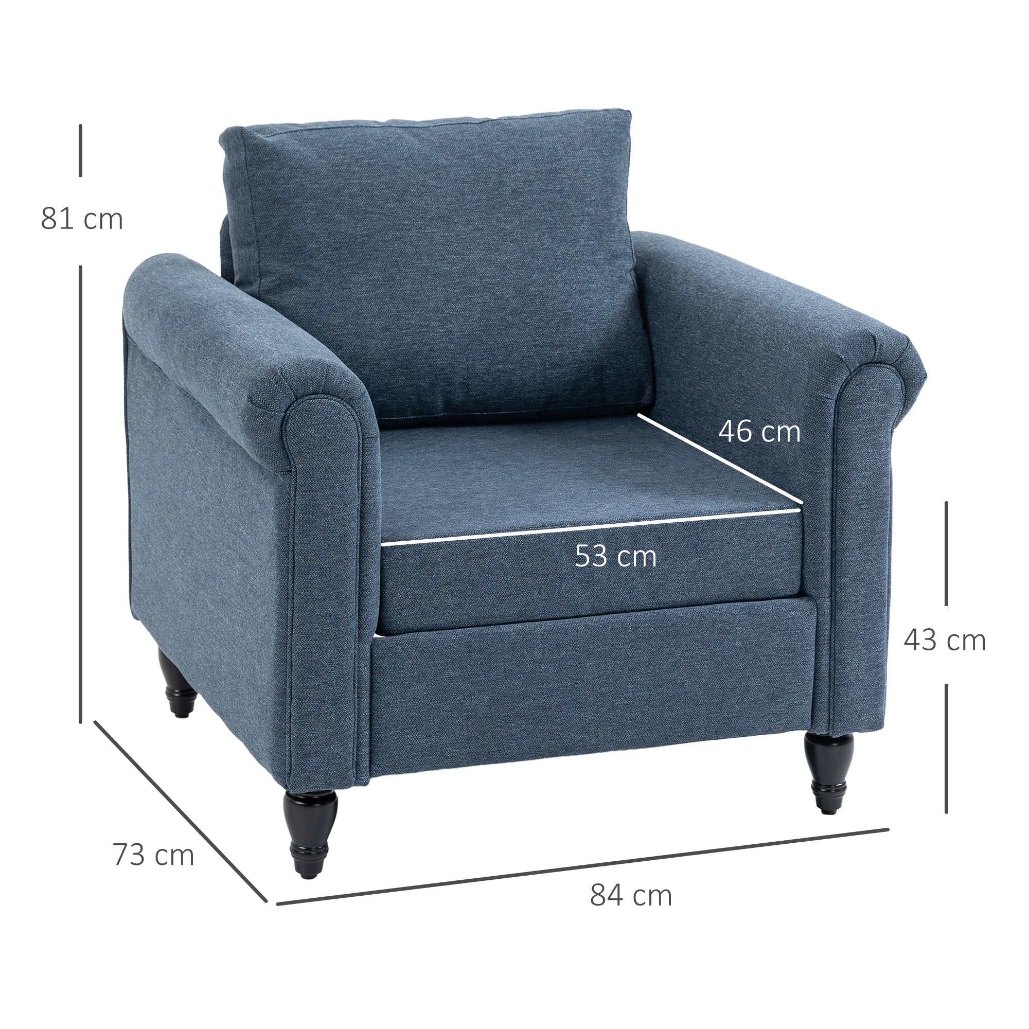 HOMCOM Vintage Accent Chair, Tufted Upholstered Lounge Armchair Single Sofa Chair with Rubber Wood Legs, Rolled Arms, Dark Blue |