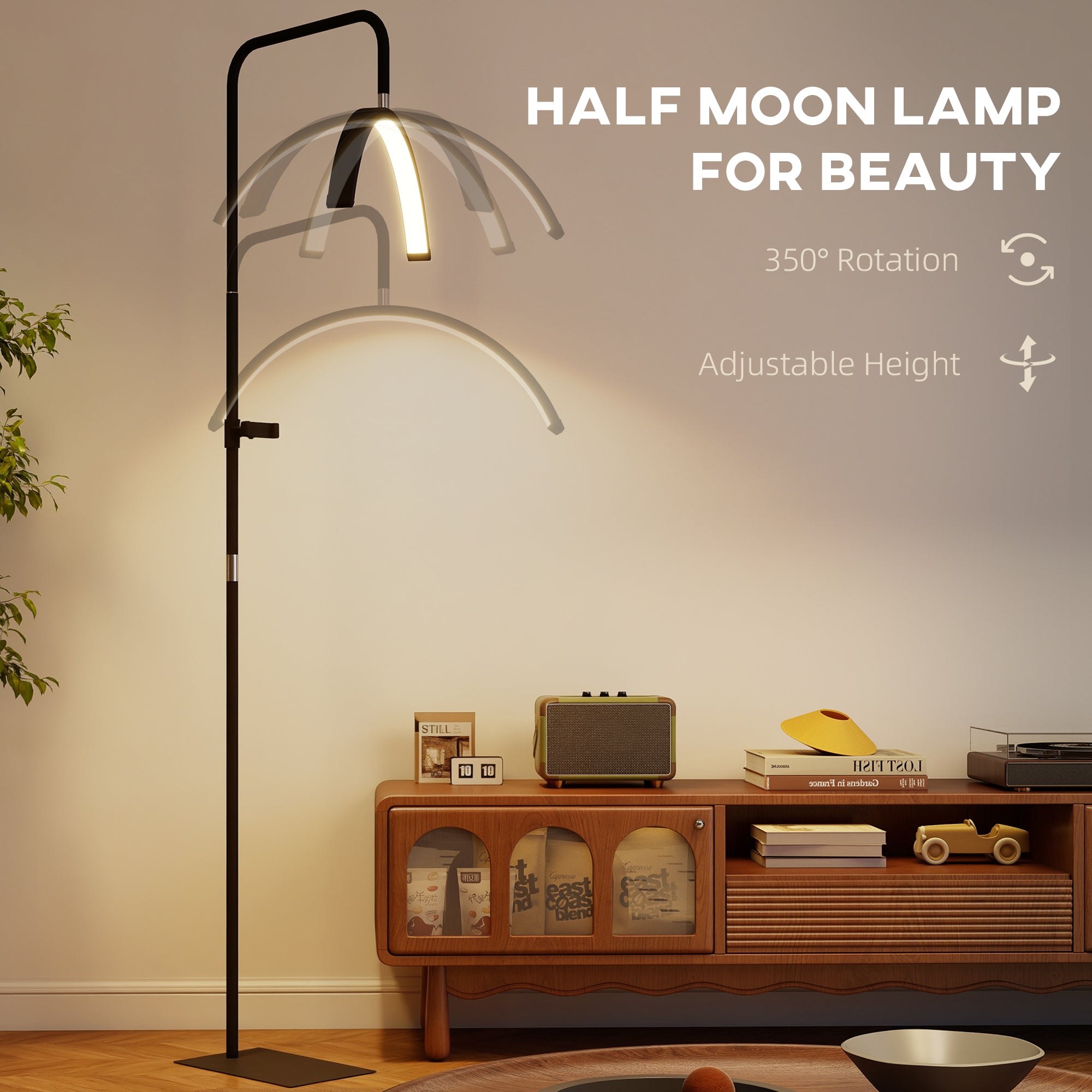 HOMCOM Half Moon Lash Light, 350° Rotatable Head, 7 Colours, Dimmable Beauty Floor Lamp, Black