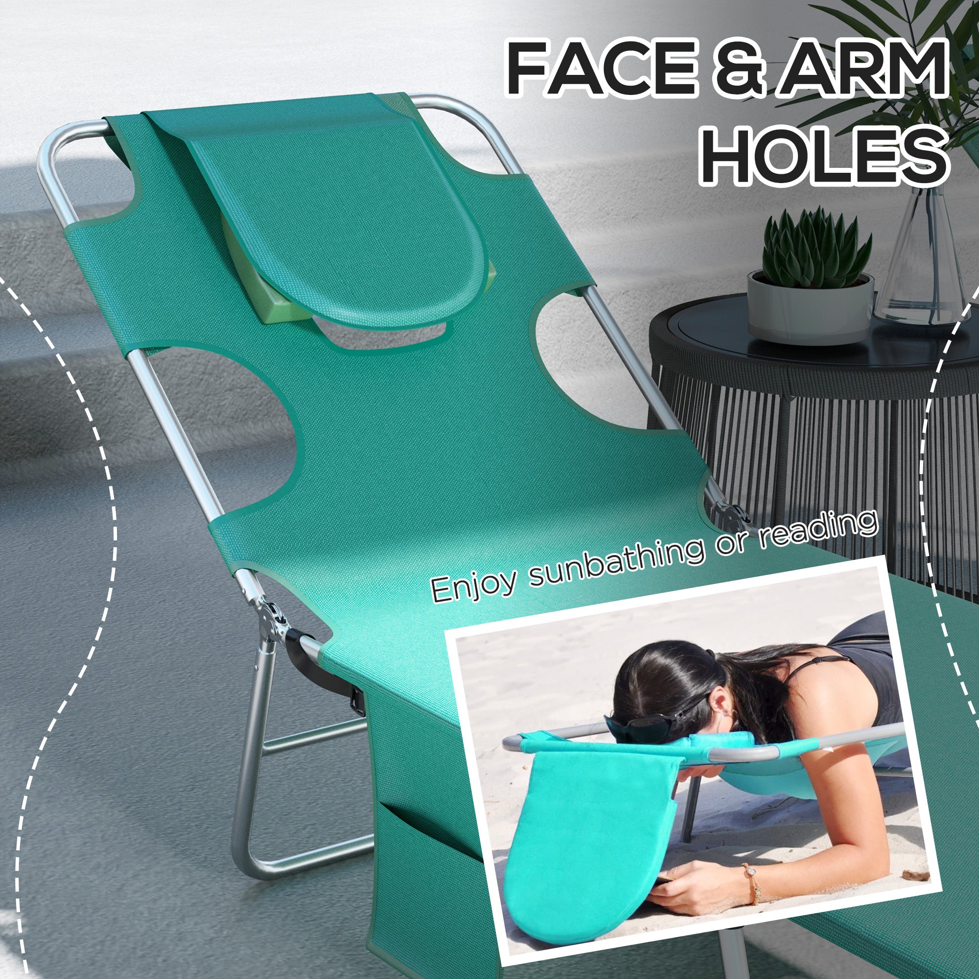 Outsunny Foldable Sun Lounger Set of 2 with Reading Hole, Portable Sun Lounger with 5 Level Adjustable Backrest, Reclining Lounge Chair with Side Pocket, Headrest Pillow, Green - North Peak Garden Furniture