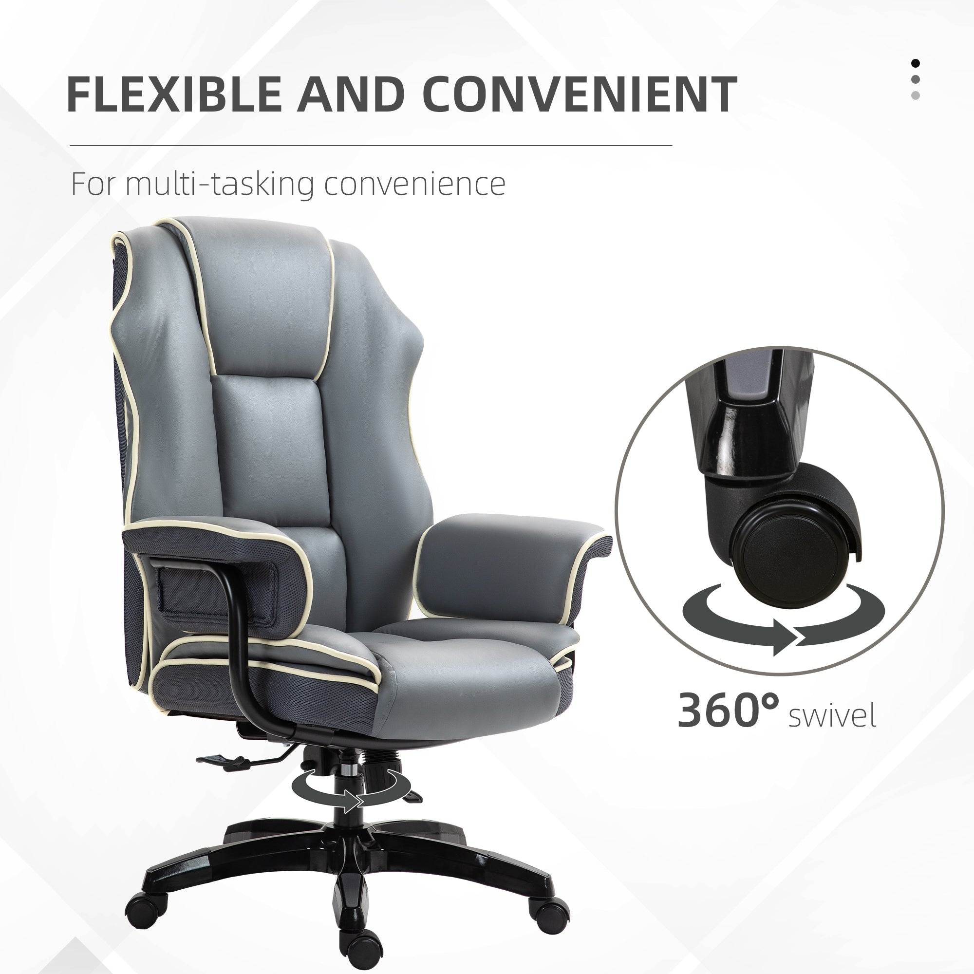 Vinsetto High Back Office Chair, PU Leather Desk Chair, Reclining Swivel Computer Chair for Home, Grey - North Peak Garden Furniture