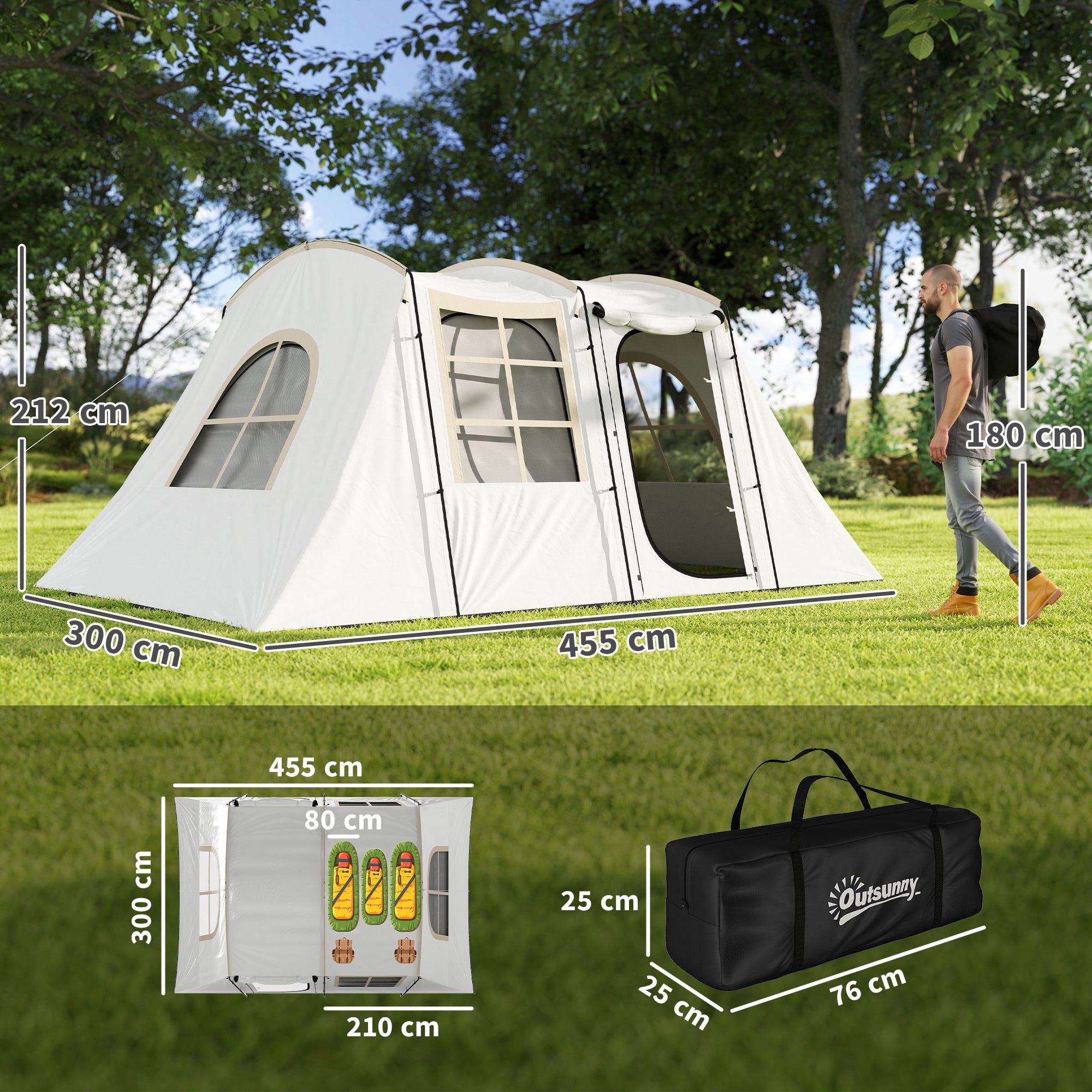 Outsunny 3-4 Man Tunnel Tent, Family Camping Tent with Porch, Bedroom and Living Area, Sewn in Groundsheet, 3000mm Waterproof, Portable with Bag for Hiking, Festival, Backpacking, Khaki