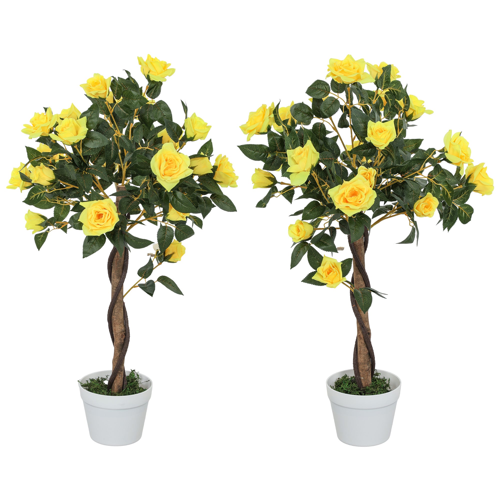 Outsunny Set of 2 Artificial Plants White Rose Floral in Pot, Fake Plants for Home Indoor Outdoor Decor, 90cm, Yellow - North Peak Garden Furniture
