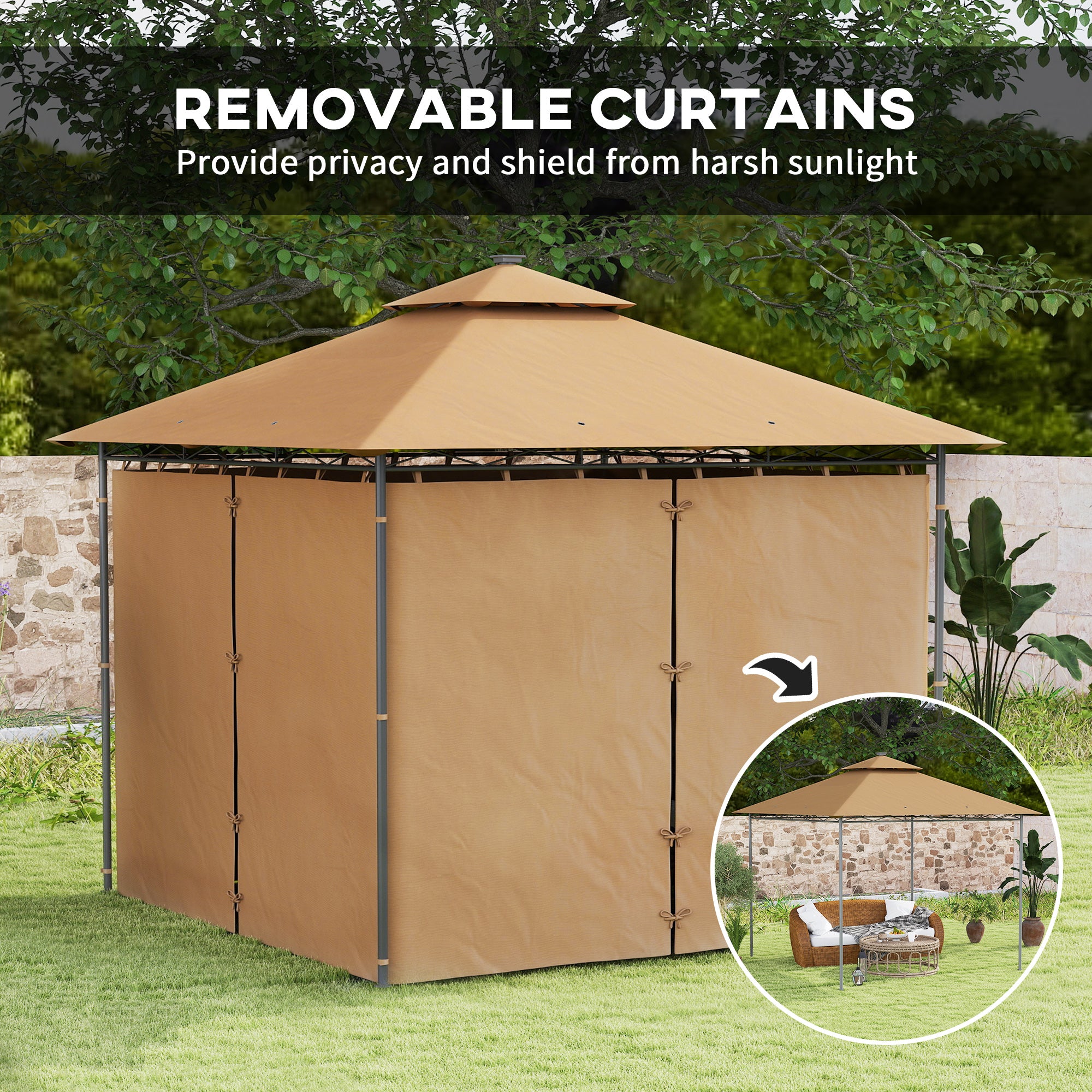 Outsunny 3 x 3 m Solar LED Metal Gazebo - Brown - North Peak Garden Furniture