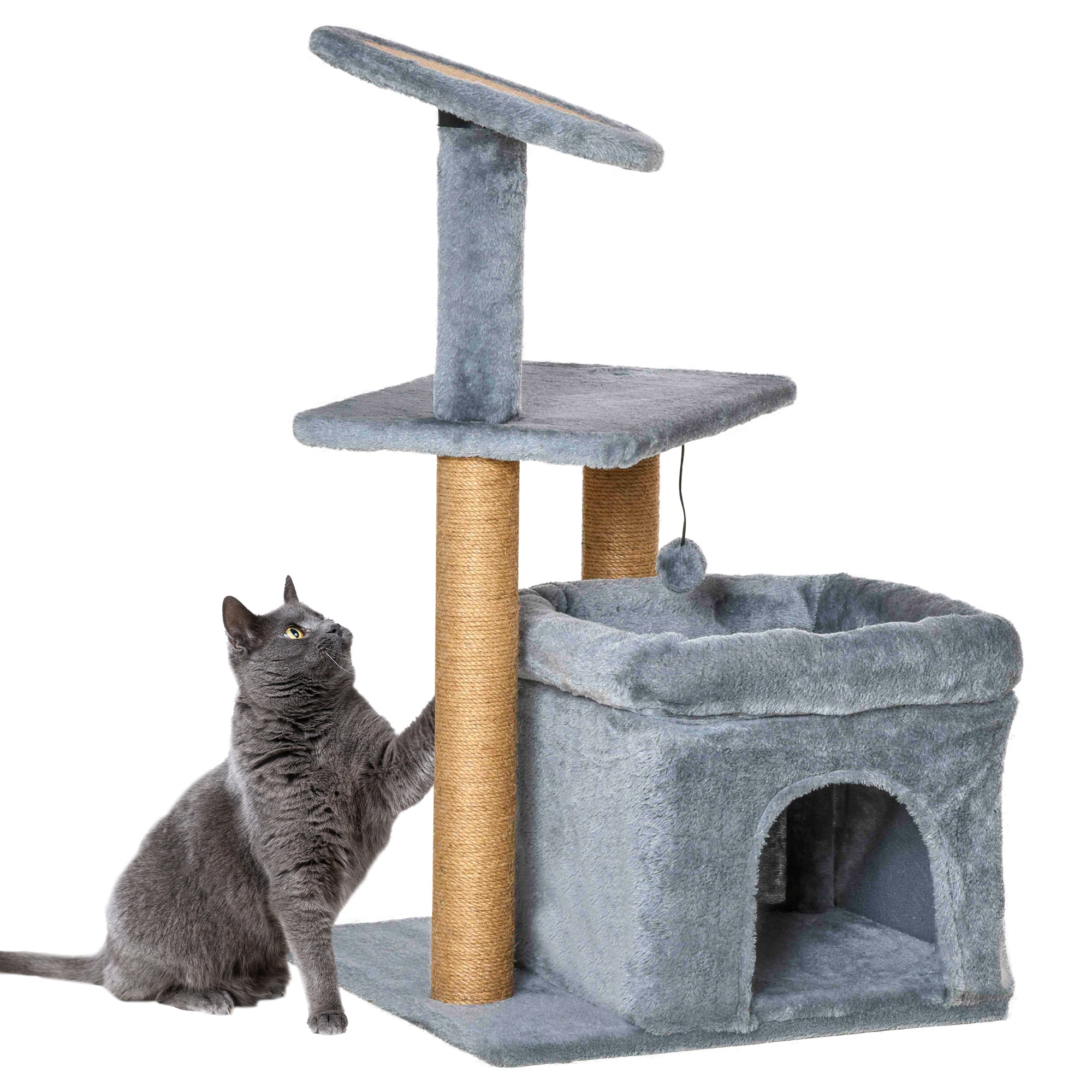 PawHut Cat Tree Tower for Indoor Cats, Cat Scratching Post with Bed, Cat House, Scratching Pad, Perch, Interactive Ball Toy 48 x 48 x 84cm, Grey