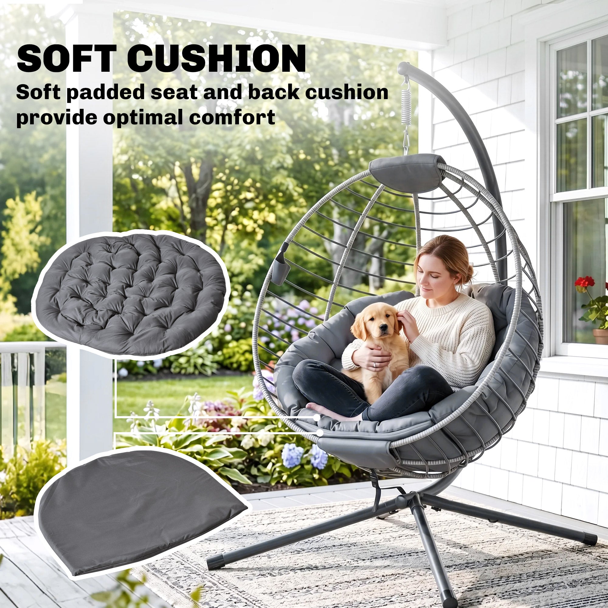 Outsunny PE Rattan Swing Chair, Outdoor Hanging Chair with Metal Stand, Thick Padded Cushion, Foldable Basket and Cup Holder, for Indoor and Outdoor, Grey