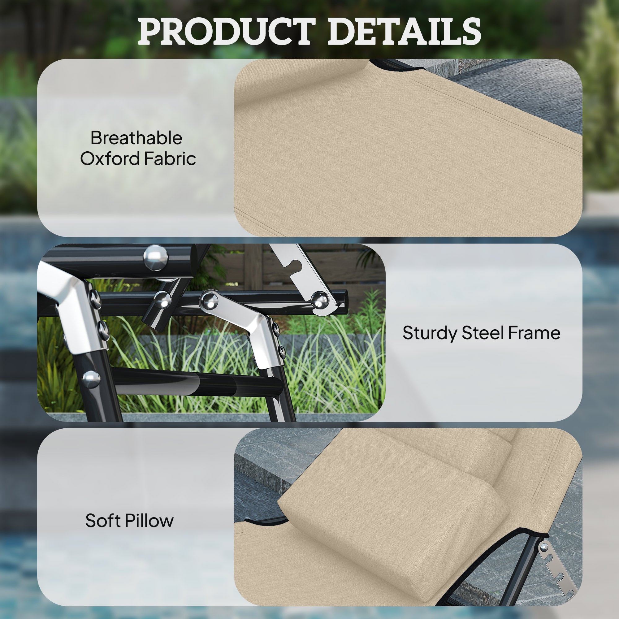 Outsunny Folding Sun Lounger with Face Hole, 4-Position Adjustable Backrest Garden Recliner Chair Sunbed, Outdoor Lounge Chair with 600 D Oxford Cloth Seat, Pillow for Beach, Beige