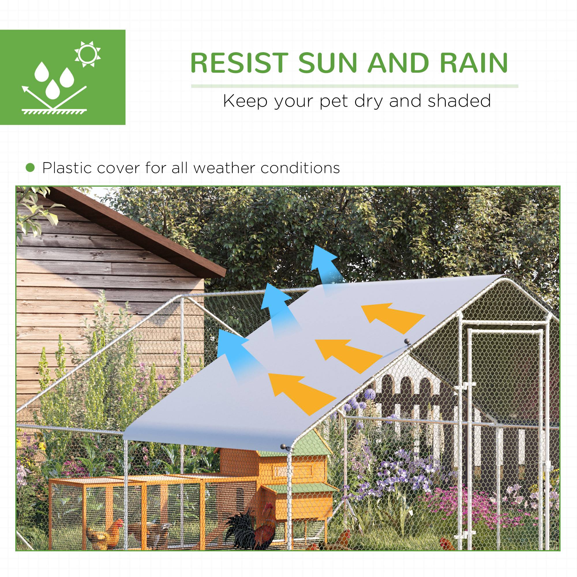 PawHut Chicken Run Galvanised Walk-in Chicken Coop Hen Poultry House Cage Rabbit Hutch Pet Playpen Garden w/ Water-Resist Cover, 3 x 4 x 2m - North Peak Garden Furniture