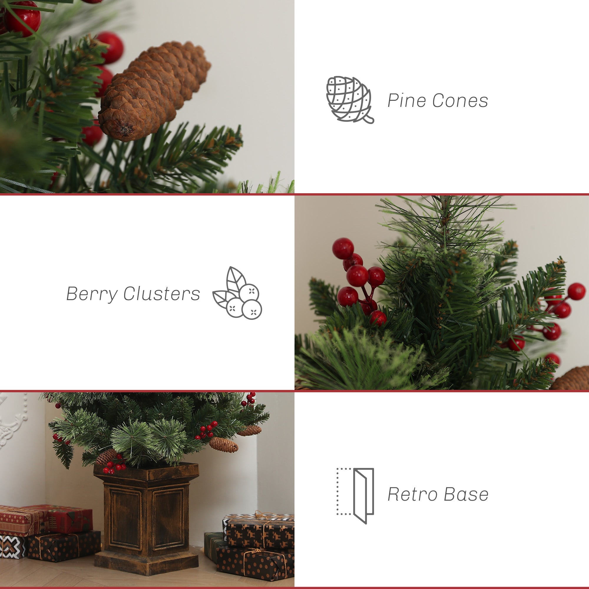HOMCOM 1.2m/4ft Artificial Christmas Tree with 100 Warm White LED Lights and 8 Modes, Small Xmas Tree with Red Berries, Pine Cones and Retro Base, Green - North Peak Garden Furniture