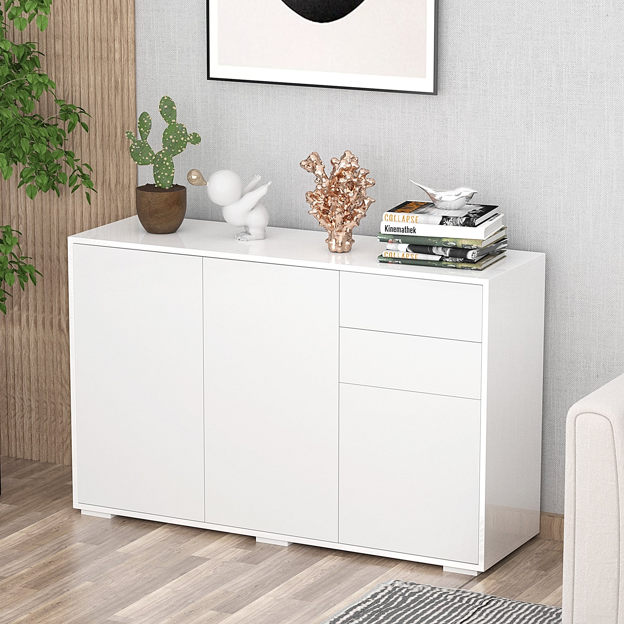 HOMCOM High Gloss Frame Sideboard, Side Cabinet, Push-Open Design with 2 Drawer for Living Room, Bedroom, White - North Peak Garden Furniture