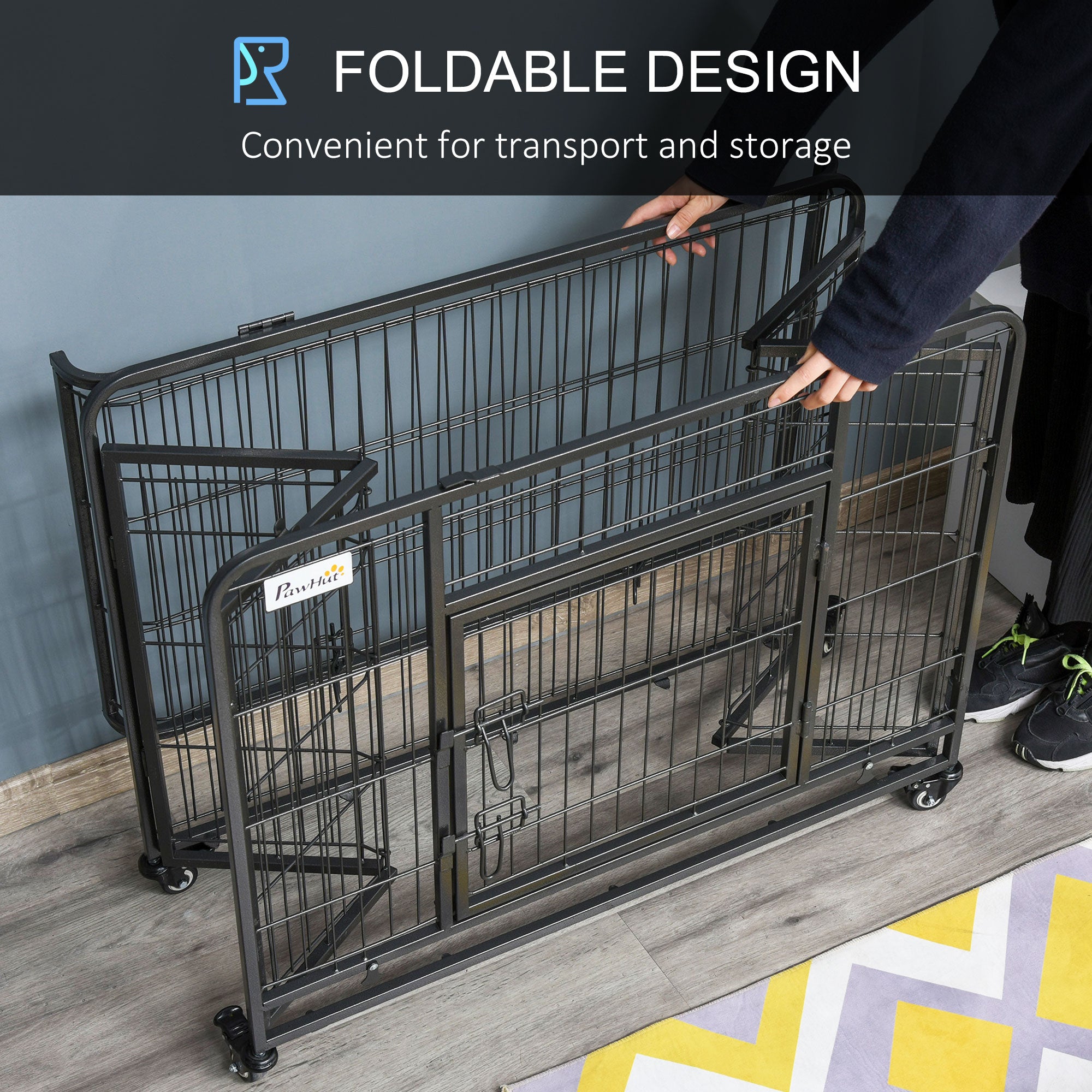 PawHut Metal Dog Cage Kennel Locking Door & Wheels Removable Tray Openable Top For Medium Pets 94 x 58 x 69.5 cm - North Peak Garden Furniture