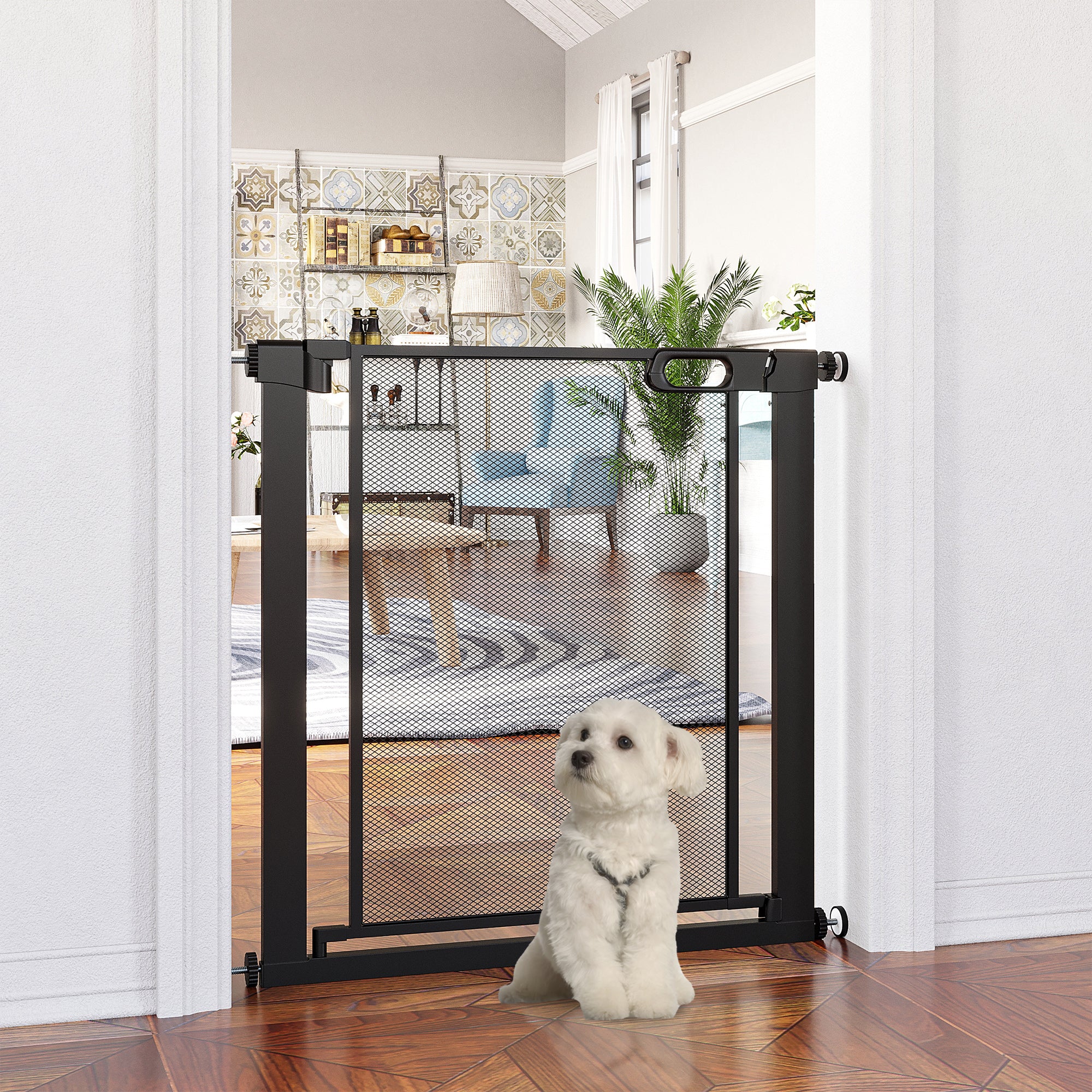 PawHut Dog Safety Gate, for Hallways, Staircases, Doors w/ Automatic Closing Door - Black - North Peak Garden Furniture