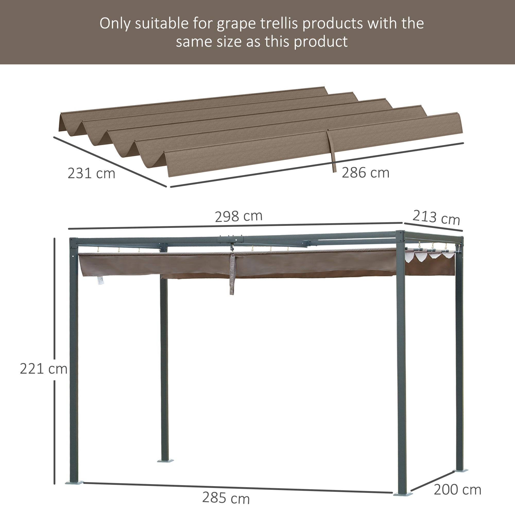 Outsunny Pergola Roof, Retractable Sun Shade Cover for 2.85 x 2m Pergola, UV30+ Protected, Coffee - North Peak Garden Furniture
